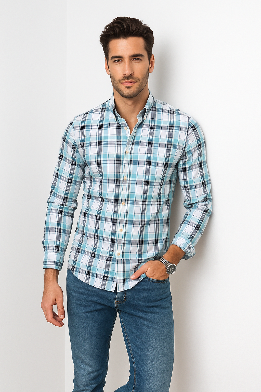 Camisas Para Hombre Manga Larga Cuadros B51124 Blanco