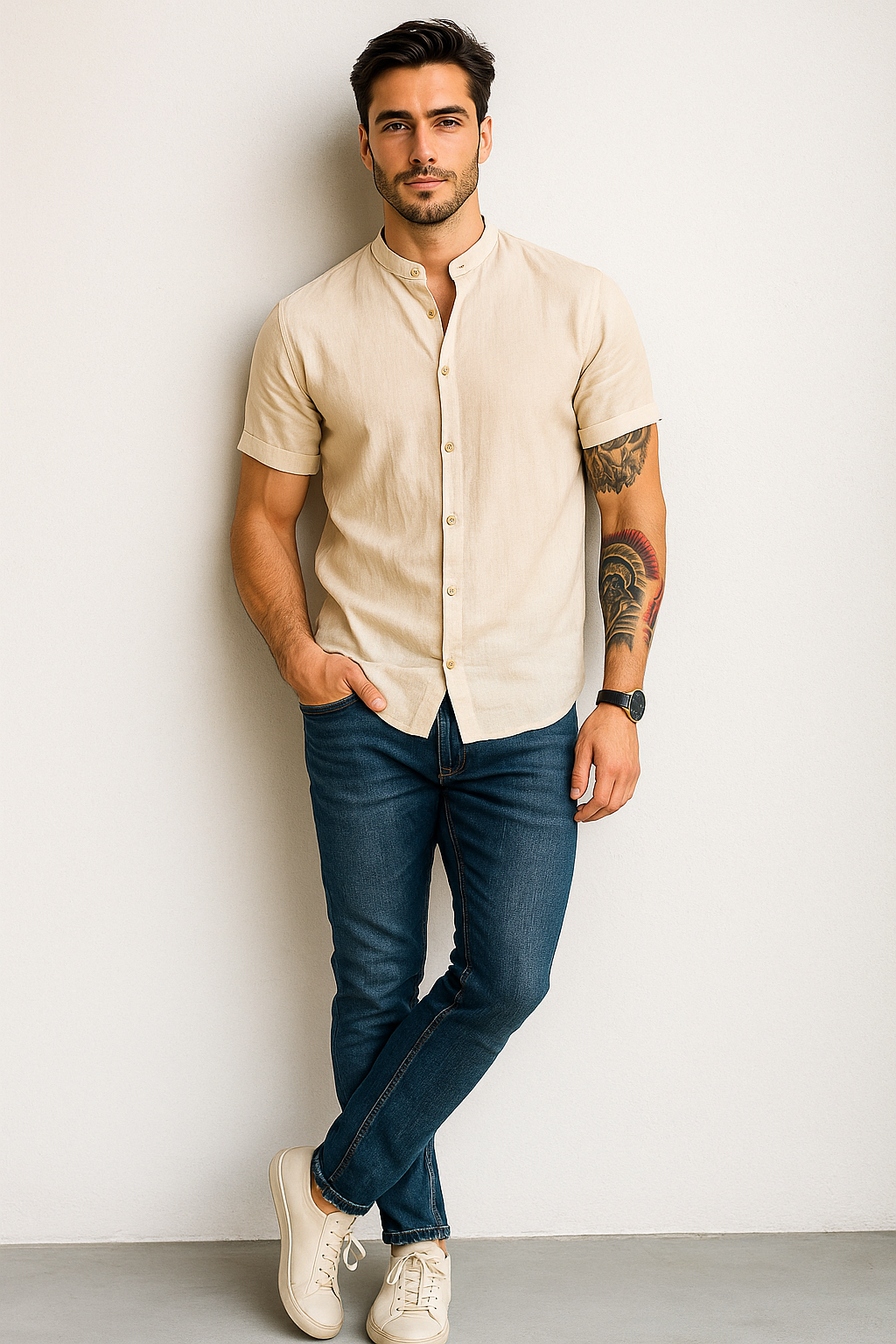 Camisas Para Hombre Lino Cuello Mao B51373 Arena