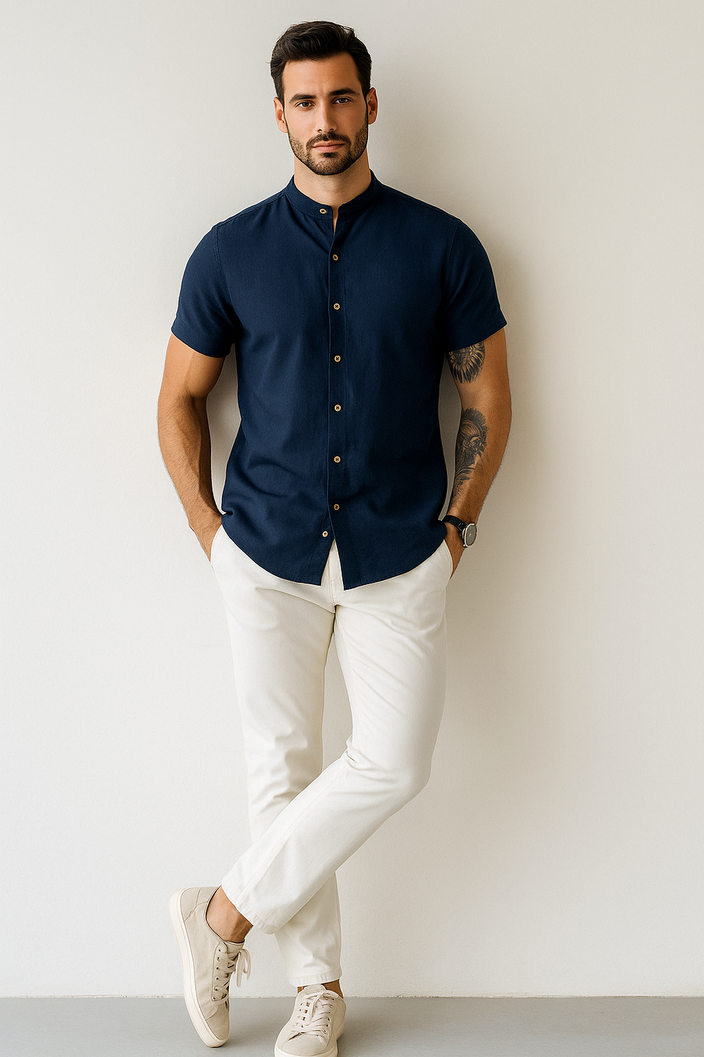Camisas Para Hombre Lino Cuello Mao B51373 Marino