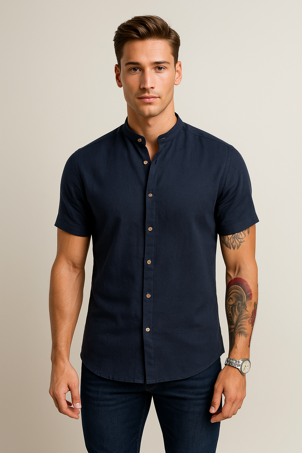 Camisas Para Hombre Lino Cuello Mao B51373 Marino