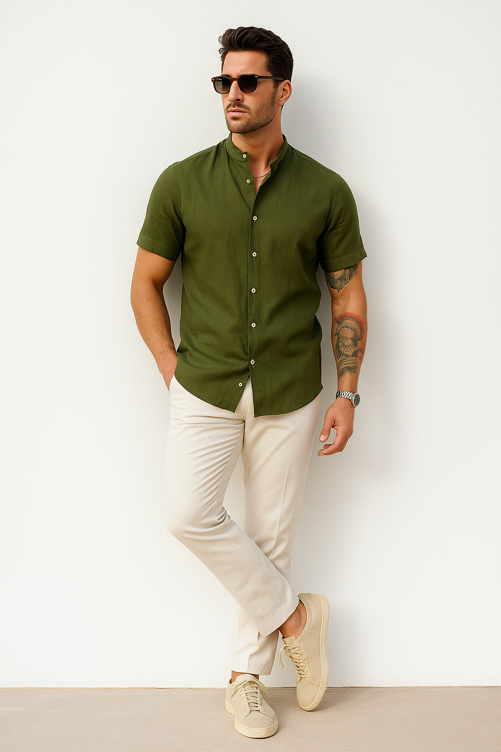 Camisas Para Hombre Relaxed Fit Lino B51373 Olivo