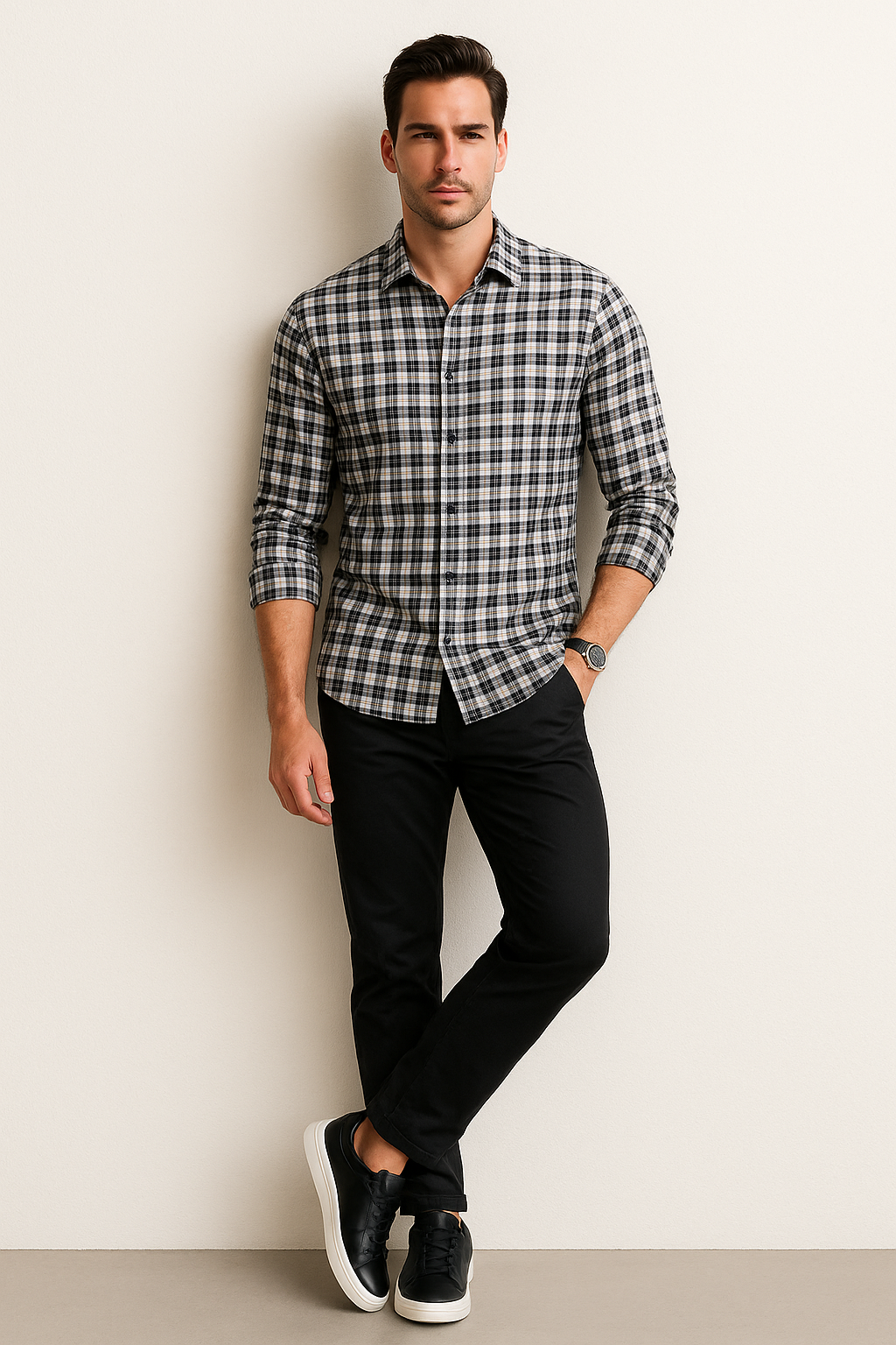 Camisas Para Hombre Corrugada Microcuadros B55310 Crema