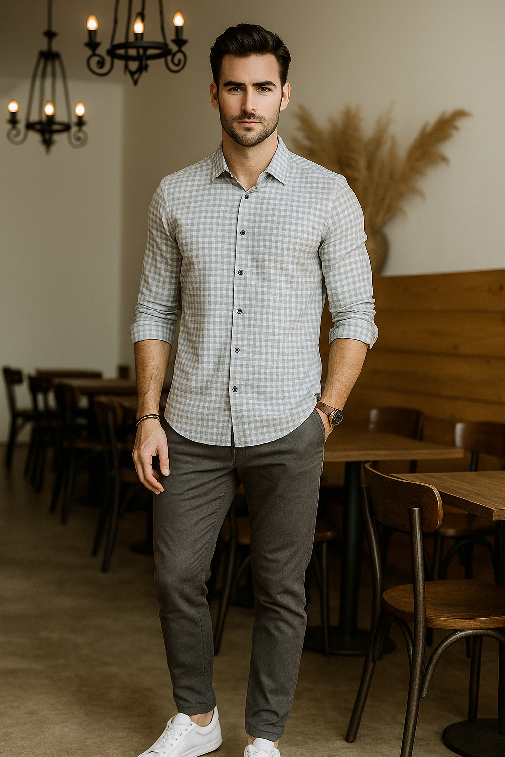 Camisas Para Hombre Corrugada Microcuadros B55310 Gris