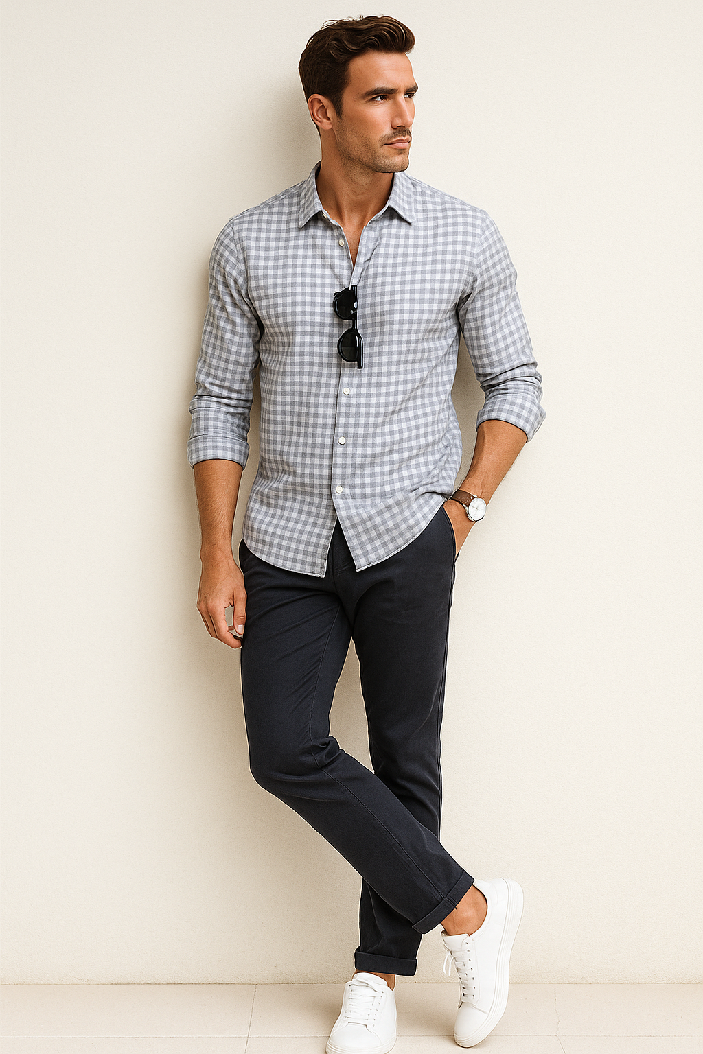 Camisas Para Hombre Corrugada Microcuadros B55310 Gris