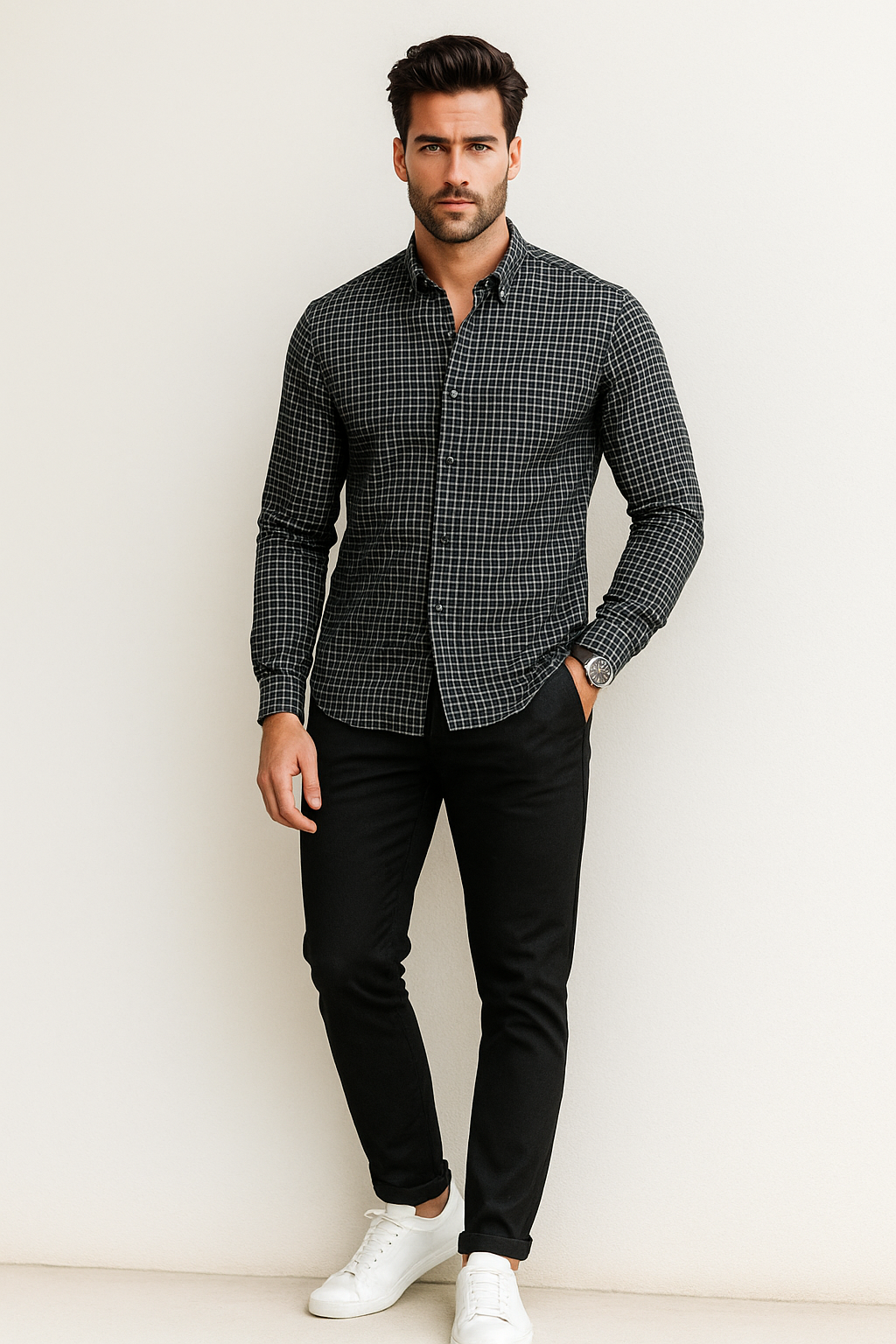 Camisas Para Hombre Corrugada Microcuadros B55310 Negro