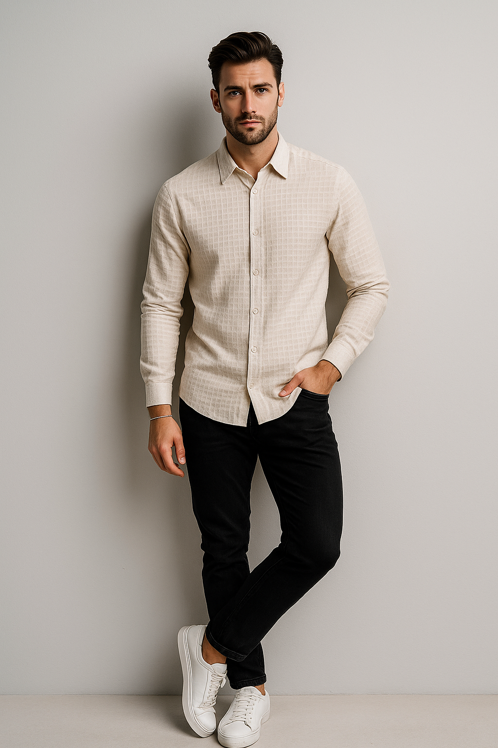 Camisas Para Hombre Jacquard Con Relieve Geométrico B55315 Beige