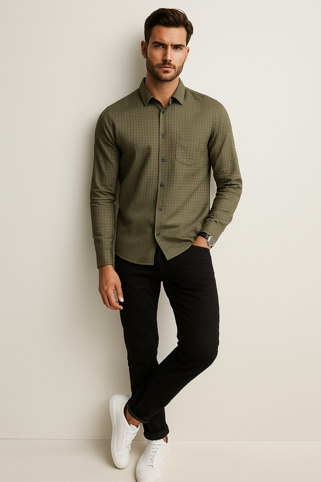 Camisas Para Hombre Jacquard Con Relieve Geométrico B55315 Olivo