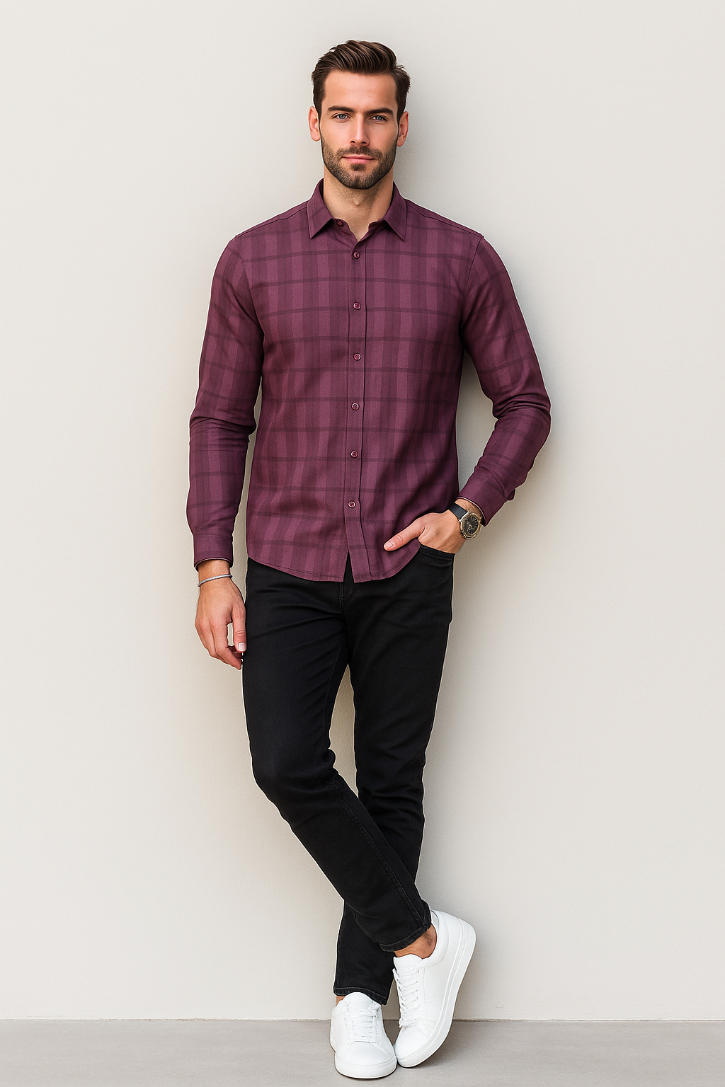 Camisas Para Hombre Dobby Con Diseño Cuadros En Relieve B55316 Vino