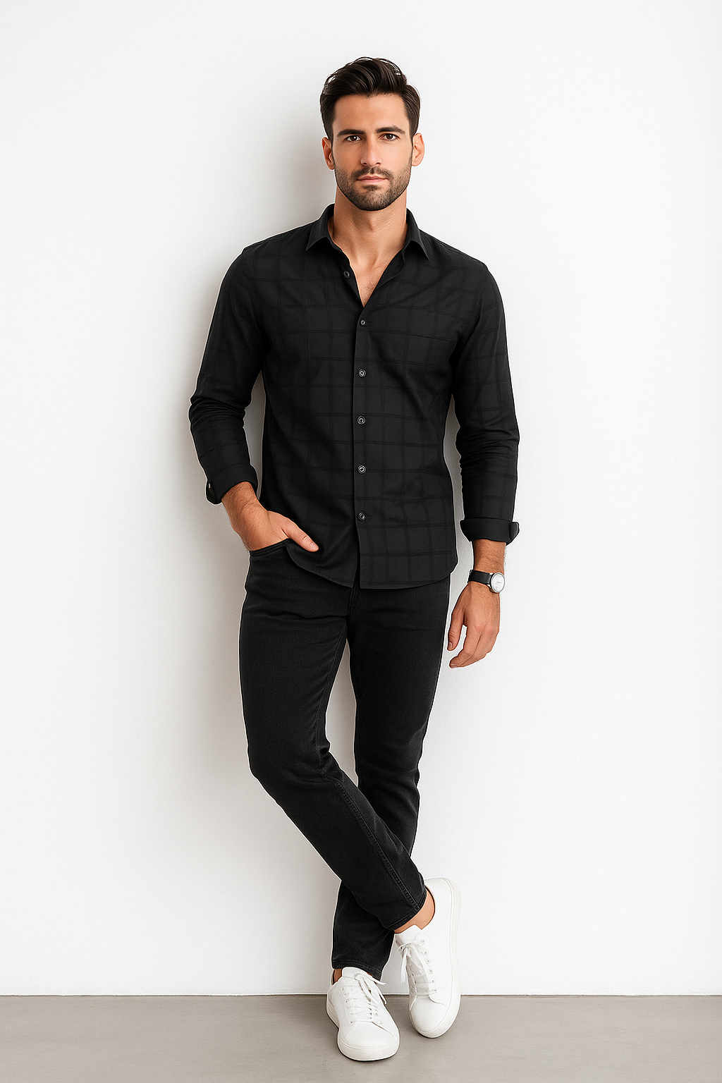 Camisas Para Hombre Dobby Con Diseño Cuadros En Relieve B55316 Negro
