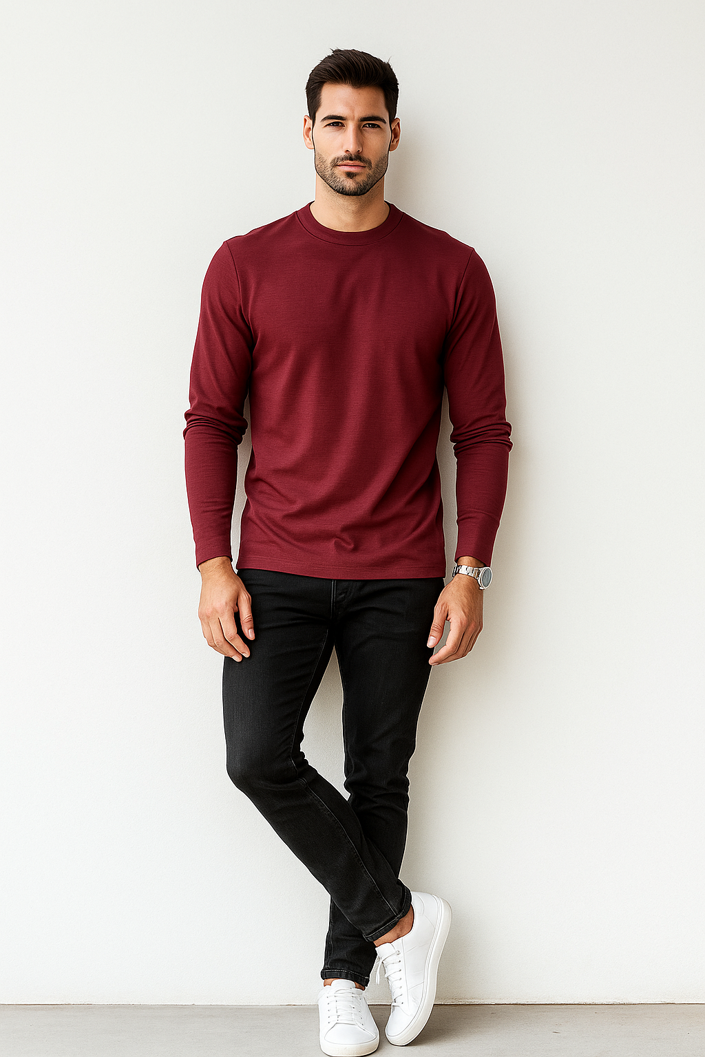 Playeras Para Hombre Manga Larga Textura A55311 Vino