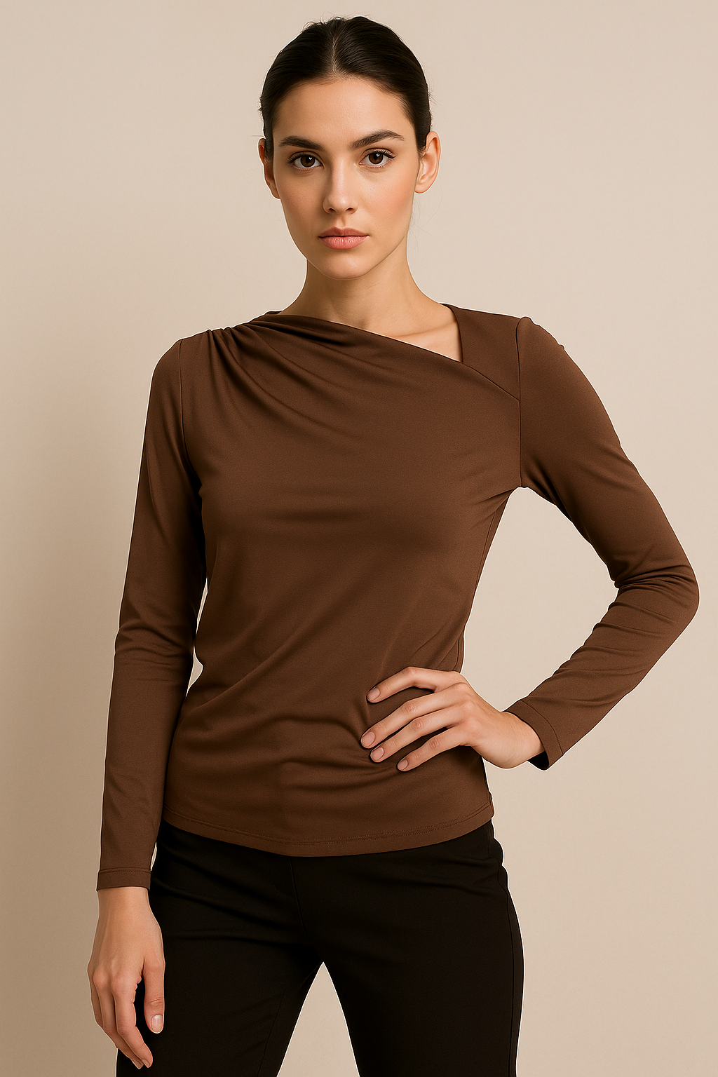 Blusas Para Mujer Cuello Asimétrico Fruncido Lateral N53130 Café