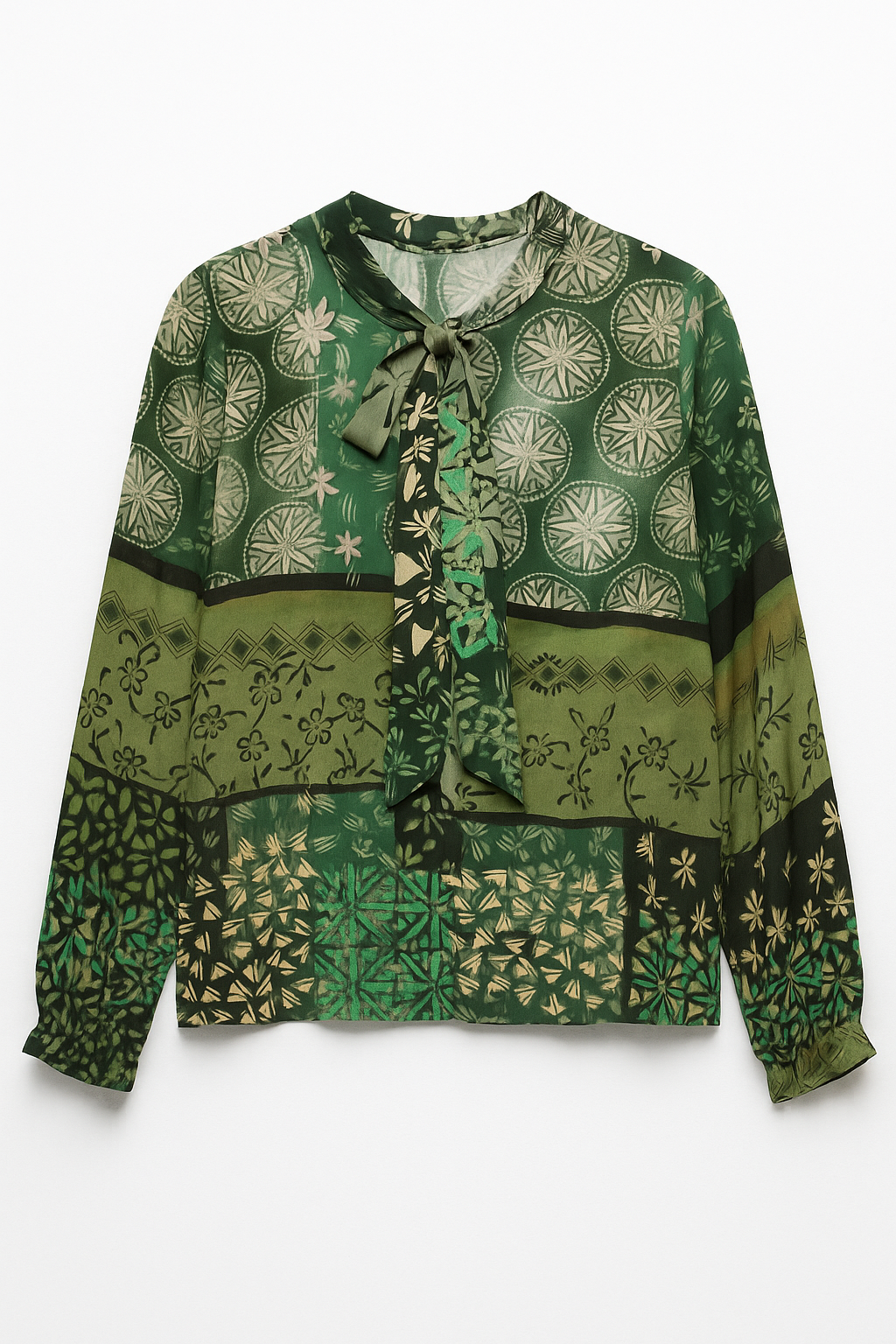 Blusas Para Mujer Estampada De Manga Larga Con Lazo N53111 Verde