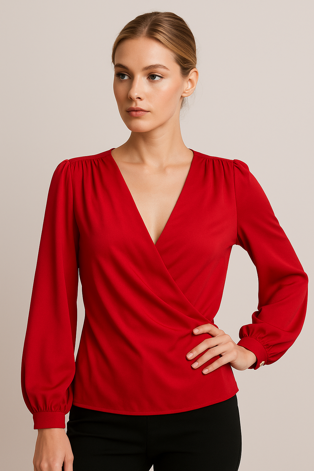 Blusas Para Mujer Satinada Con Escote Cruzado N53122 Rojo