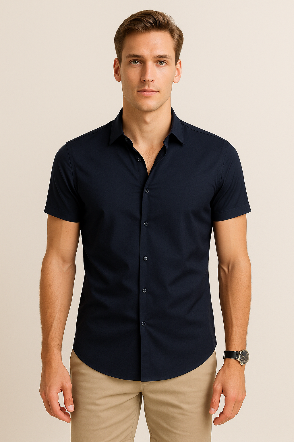 Camisas Para Hombre Lisa De Manga Corta Cuello Italiano Slim Fit BPOPMC Marino