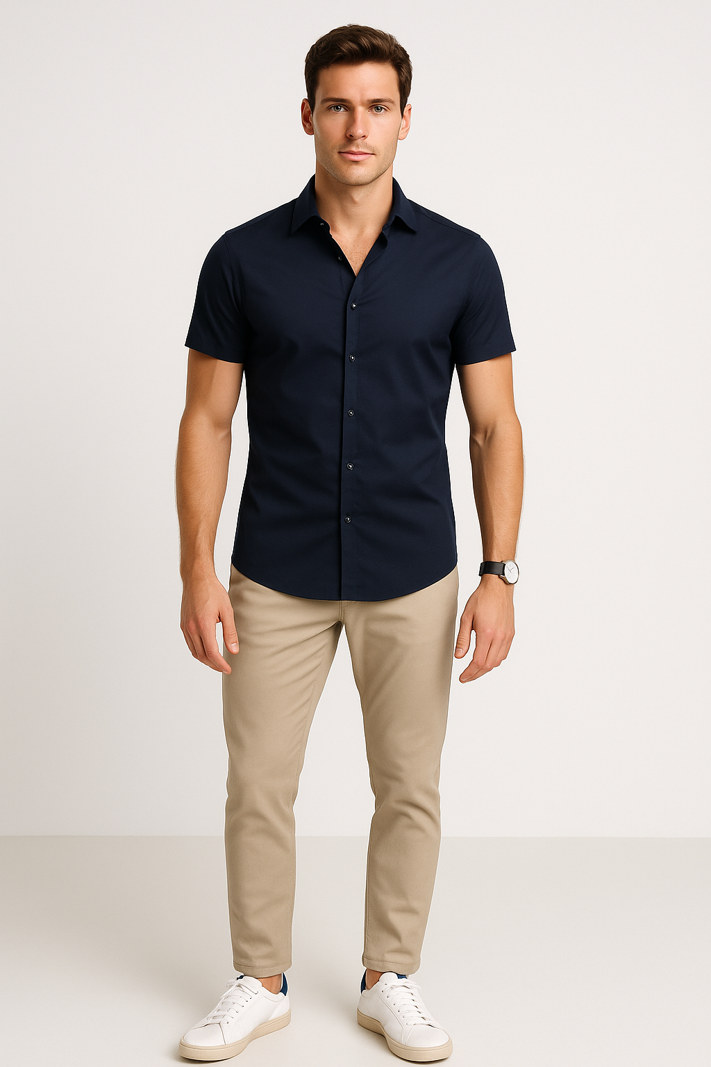 Camisas Para Hombre Lisa De Manga Corta Cuello Italiano Slim Fit BPOPMC Marino