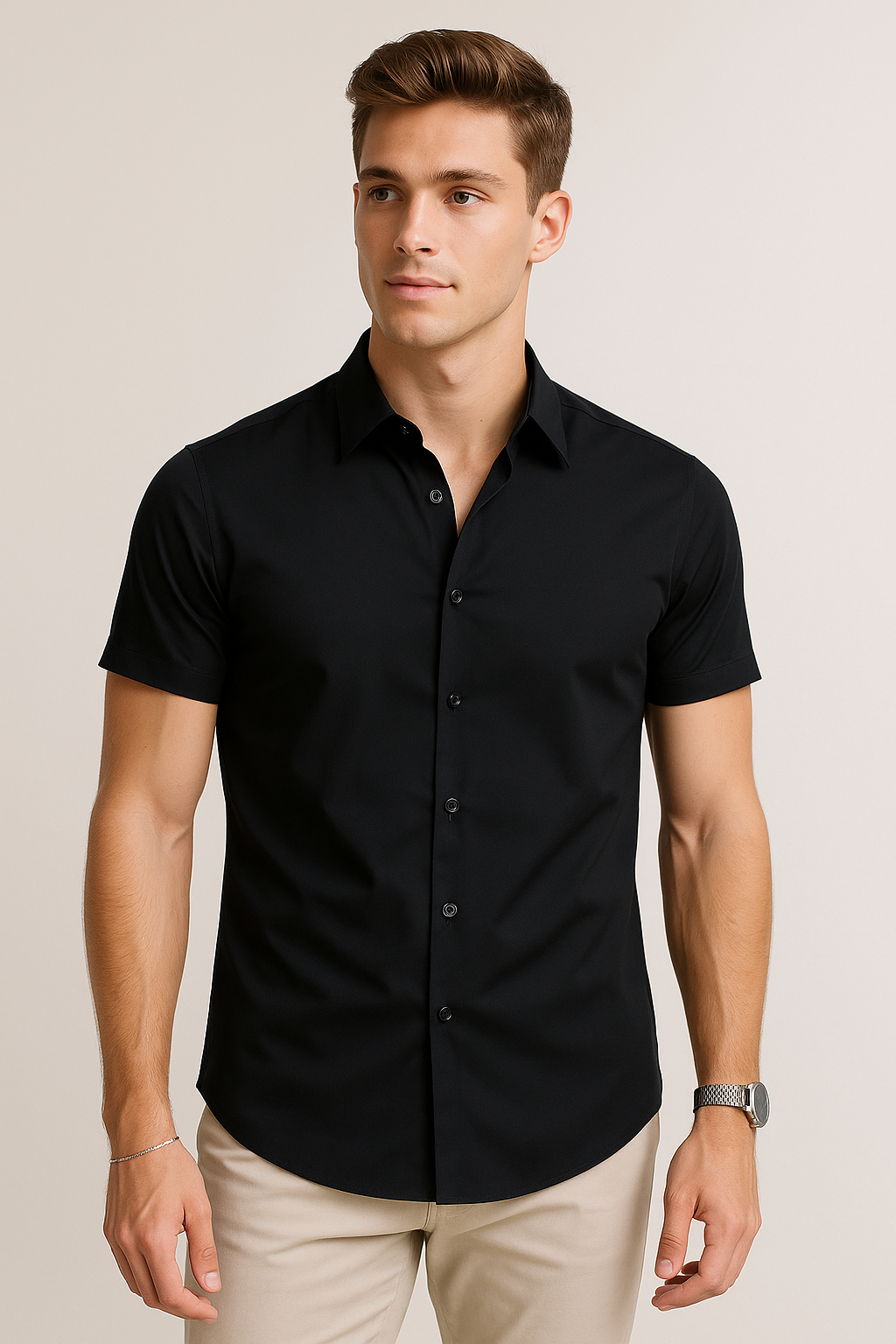 Camisas Para Hombre Lisa De Manga Corta Cuello Italiano Slim Fit BPOPMC Negro