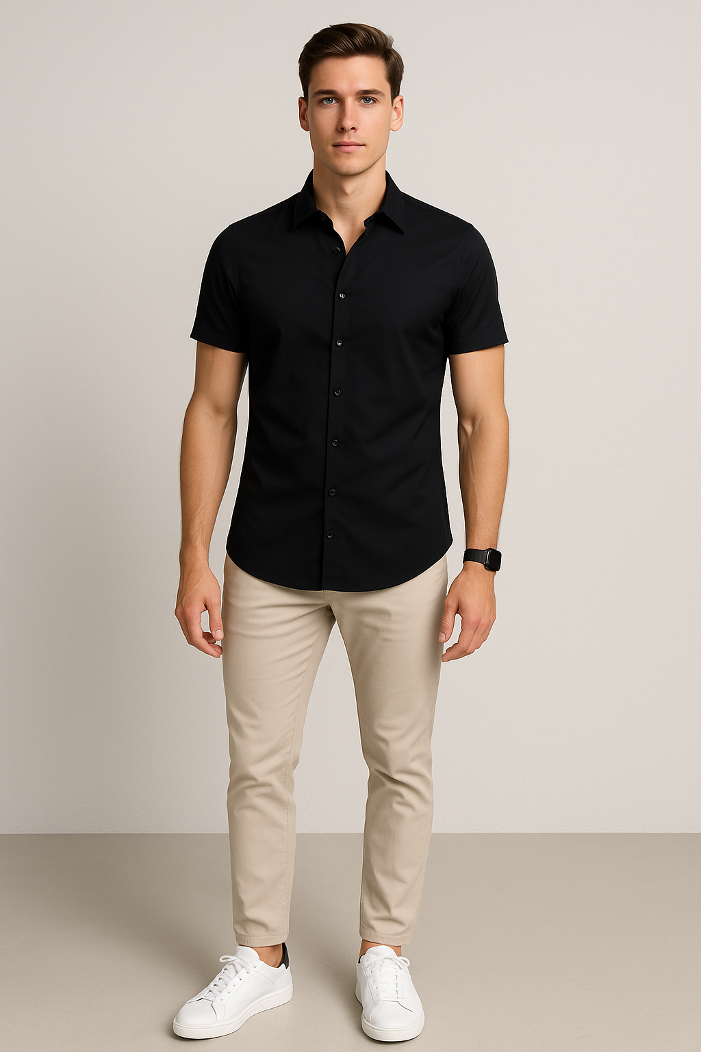 Camisas Para Hombre Lisa De Manga Corta Cuello Italiano Slim Fit BPOPMC Negro