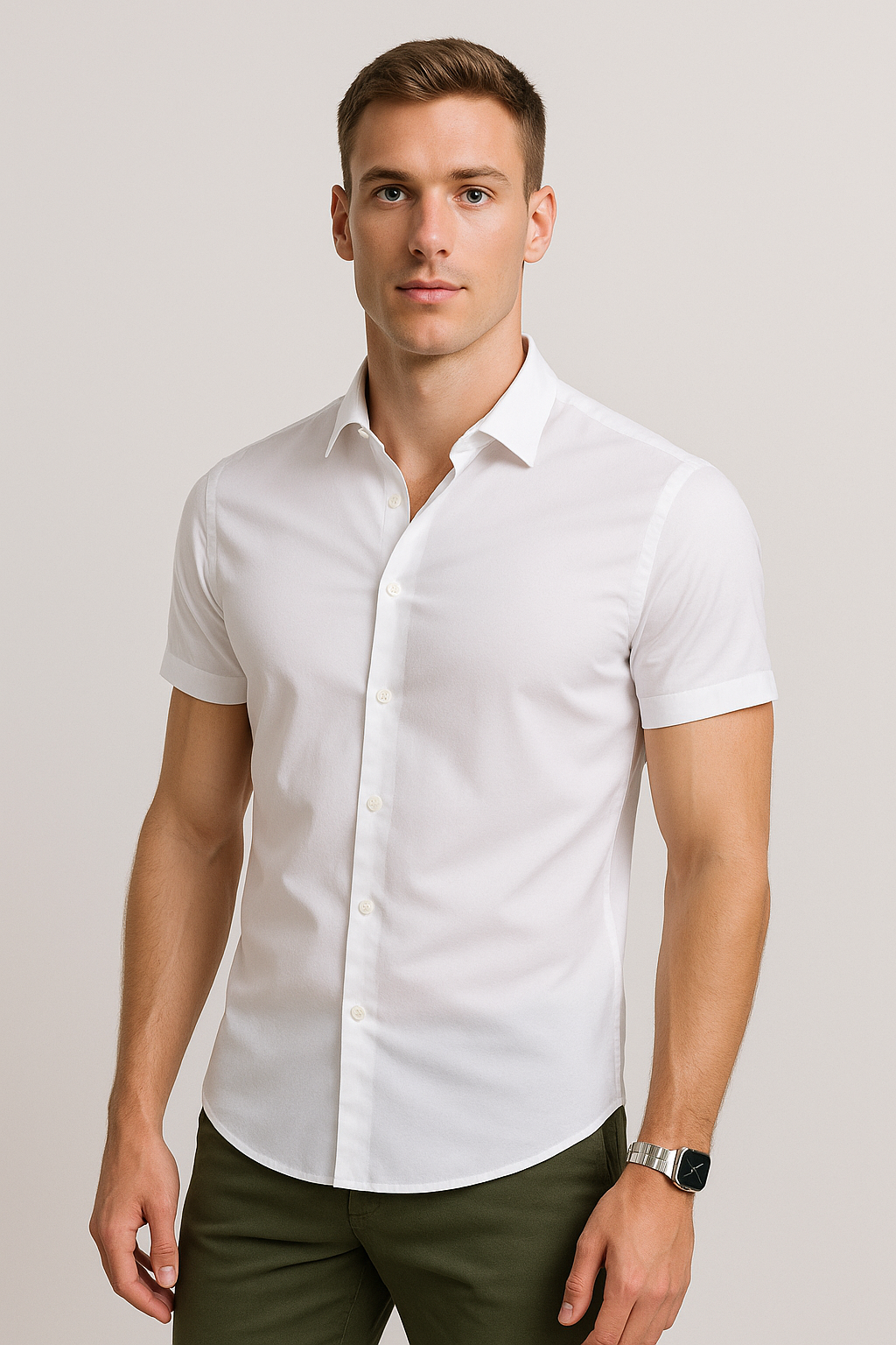 Camisas Para Hombre Lisa De Manga Corta Cuello Italiano Slim Fit BPOPMC Blanco