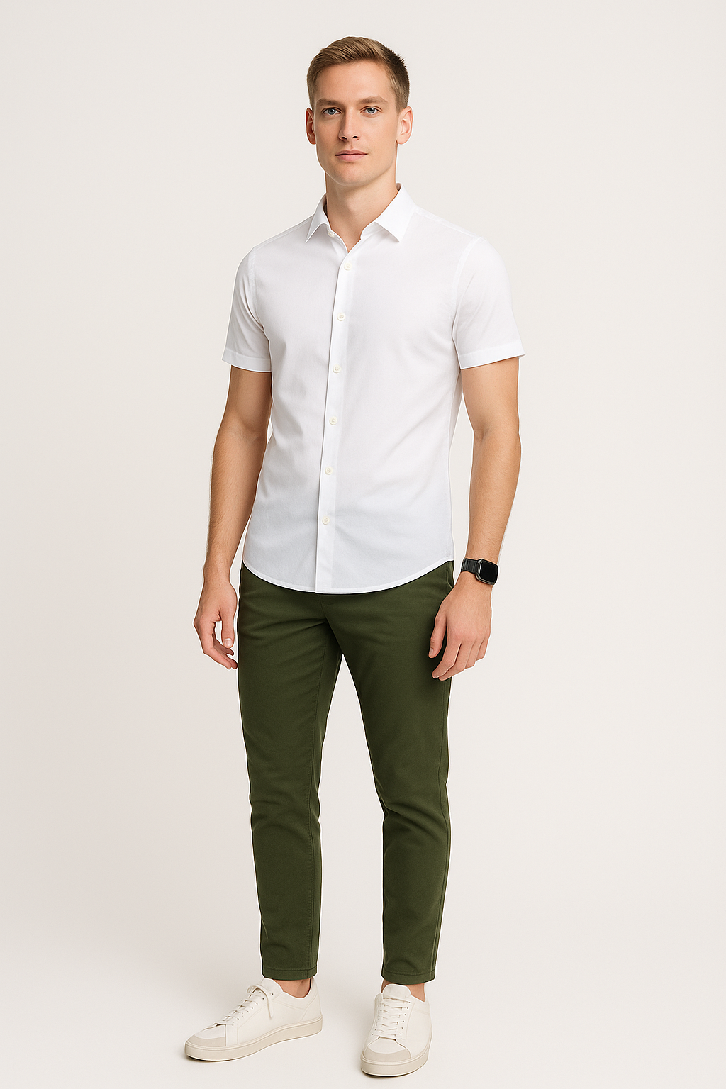 Camisas Para Hombre Lisa De Manga Corta Cuello Italiano Slim Fit BPOPMC Blanco