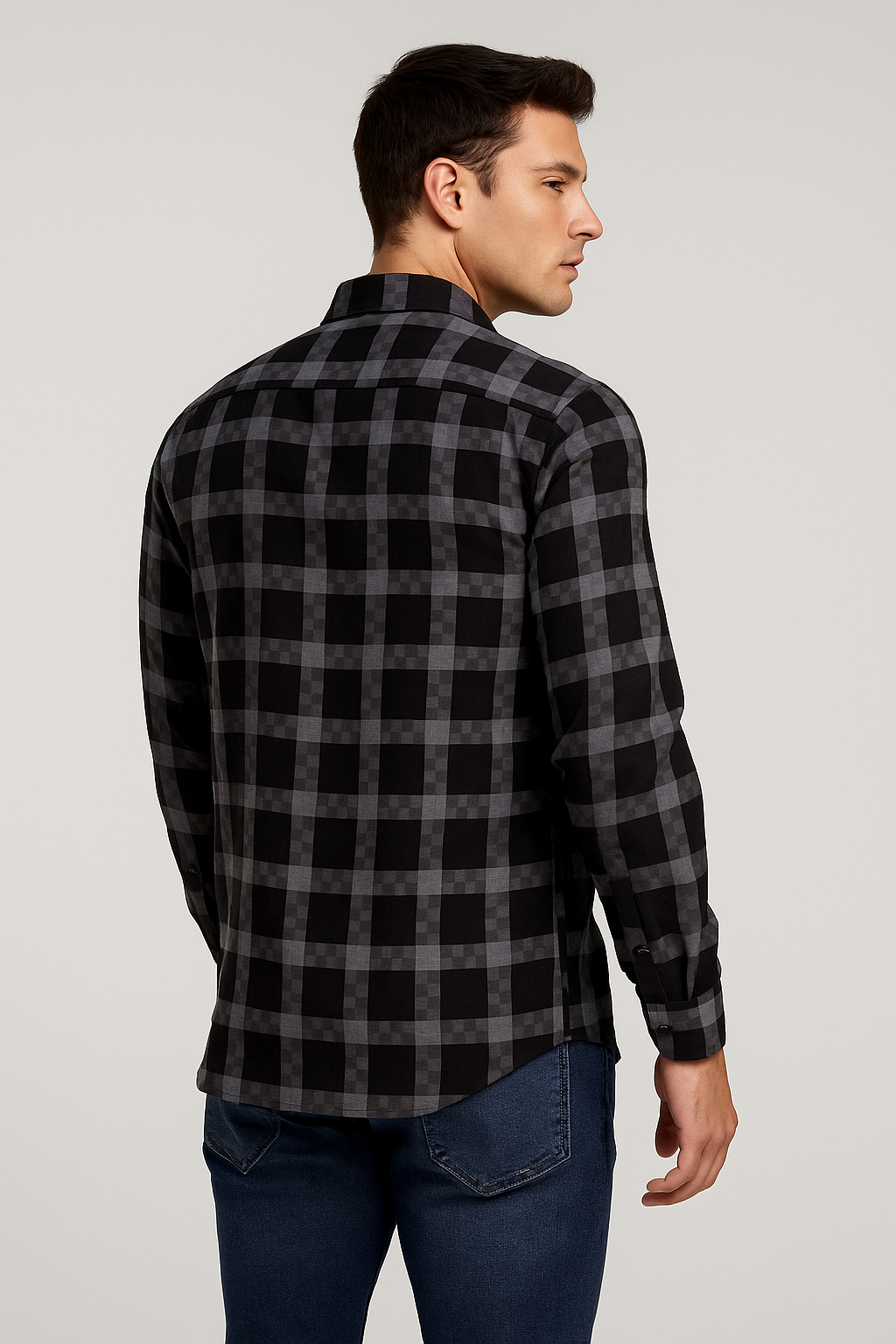 Camisas Para Hombre Manga Larga Bambú Cuadros B51335 Negro