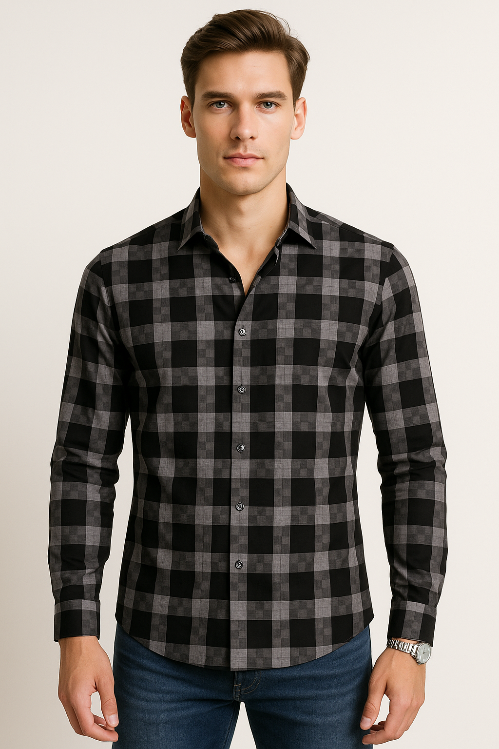 Camisas Para Hombre Manga Larga Bambú Cuadros B51335 Negro