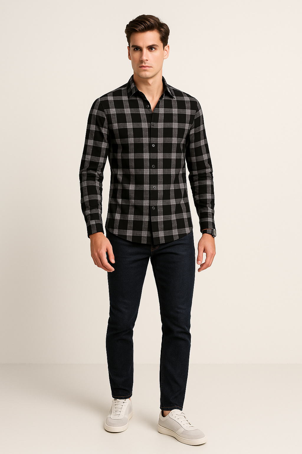 Camisas Para Hombre Manga Larga Bambú Cuadros B51335 Negro