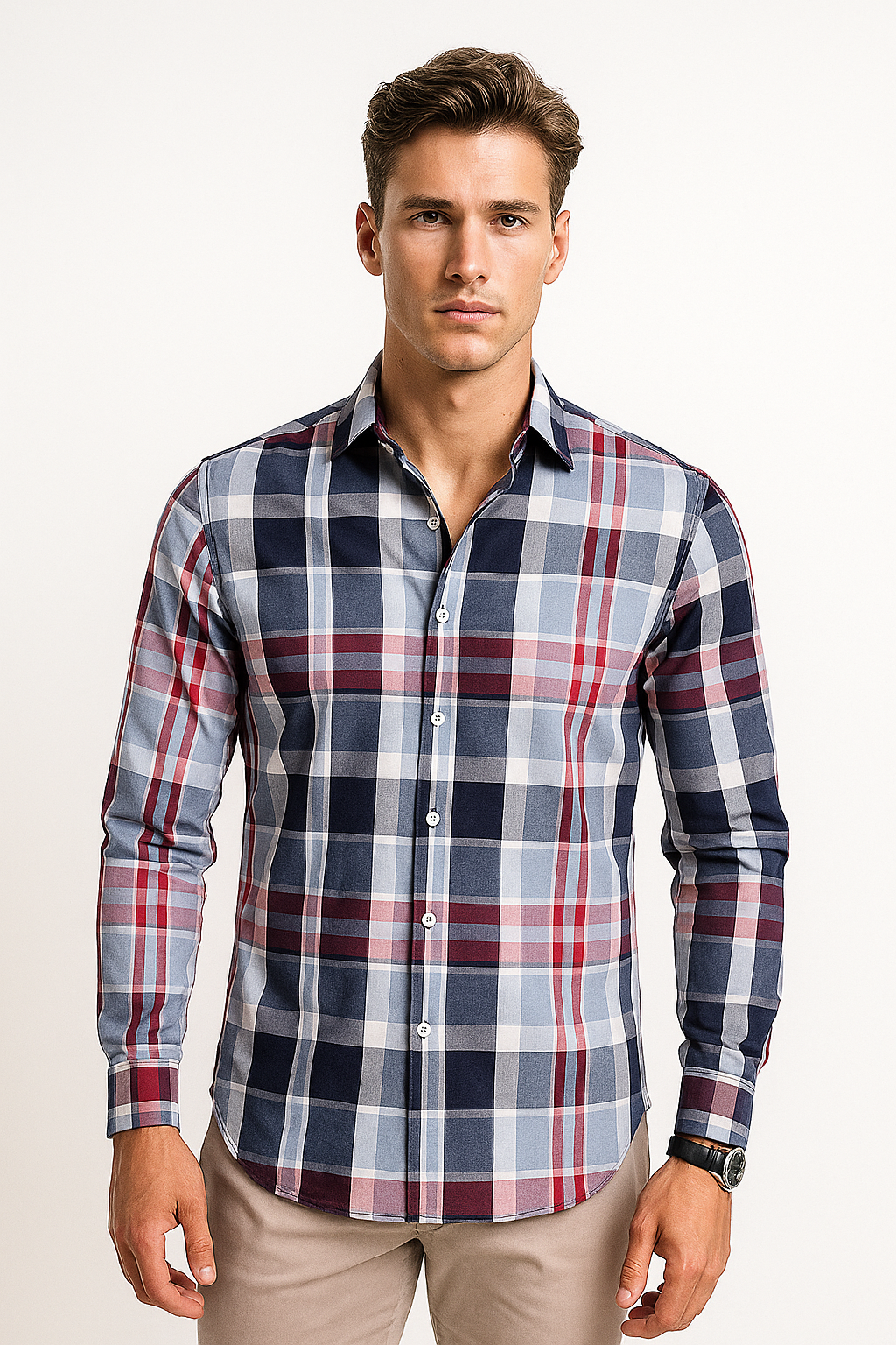 Camisas Para Hombre Manga Larga Bambú Cuadros B51336 Rojo