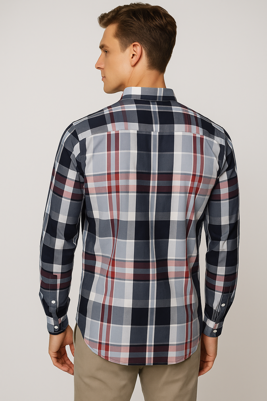 Camisas Para Hombre Manga Larga Bambú Cuadros B51336 Rojo