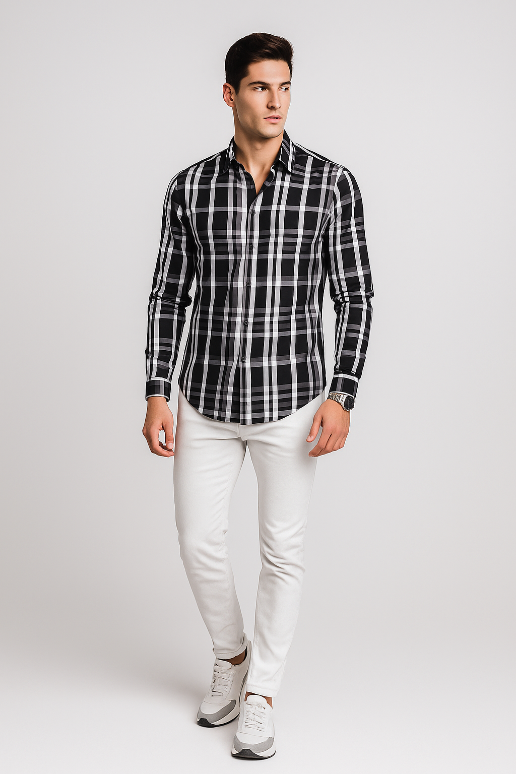 Camisas Para Hombre Manga Larga Bambú Cuadros B51337 Negro