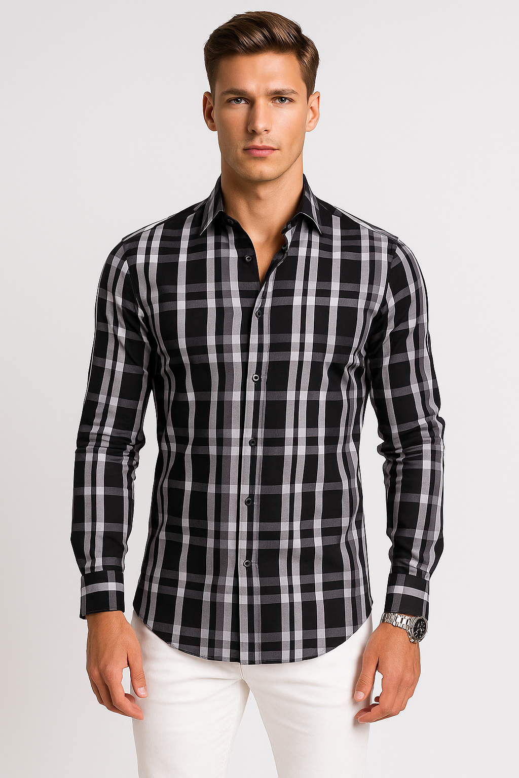 Camisas Para Hombre Manga Larga Bambú Cuadros B51337 Negro