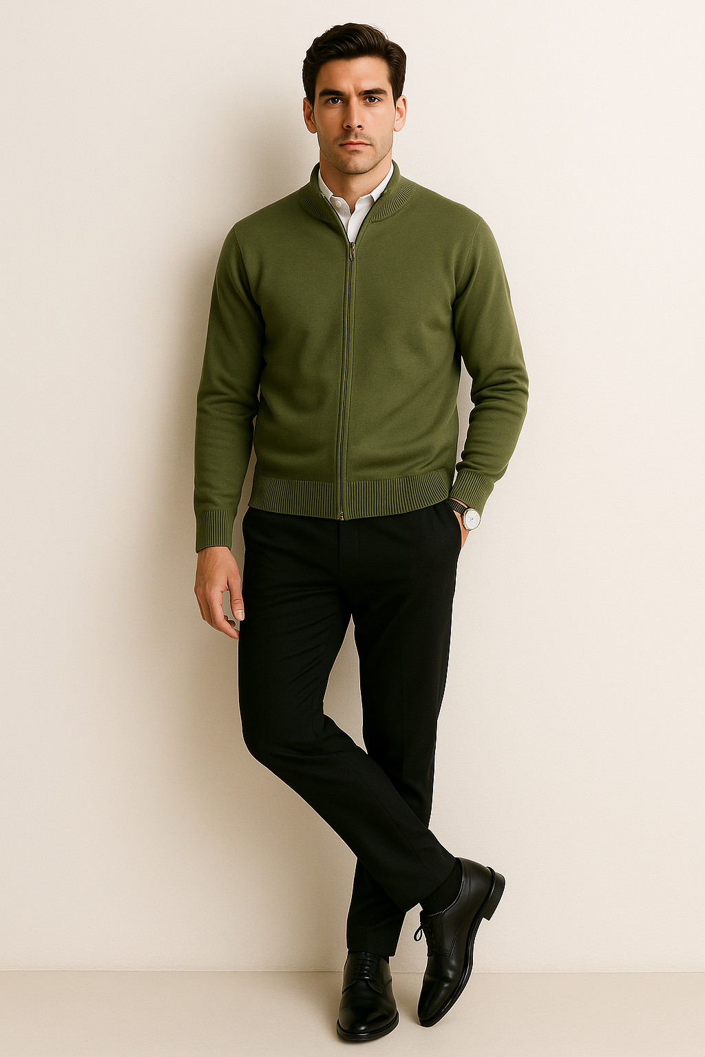 Suéteres Para Hombre De Punto Fino Básico Con Cierre E55304 Olivo