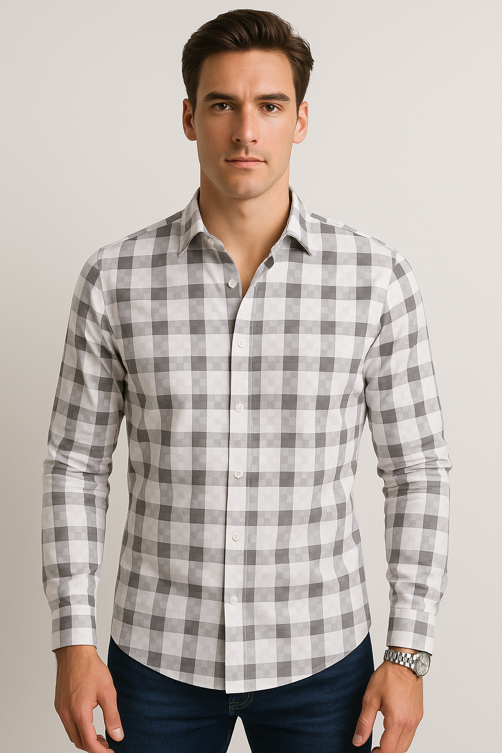 Camisas Para Hombre Manga Larga Bambú Cuadros B51335 Blanco