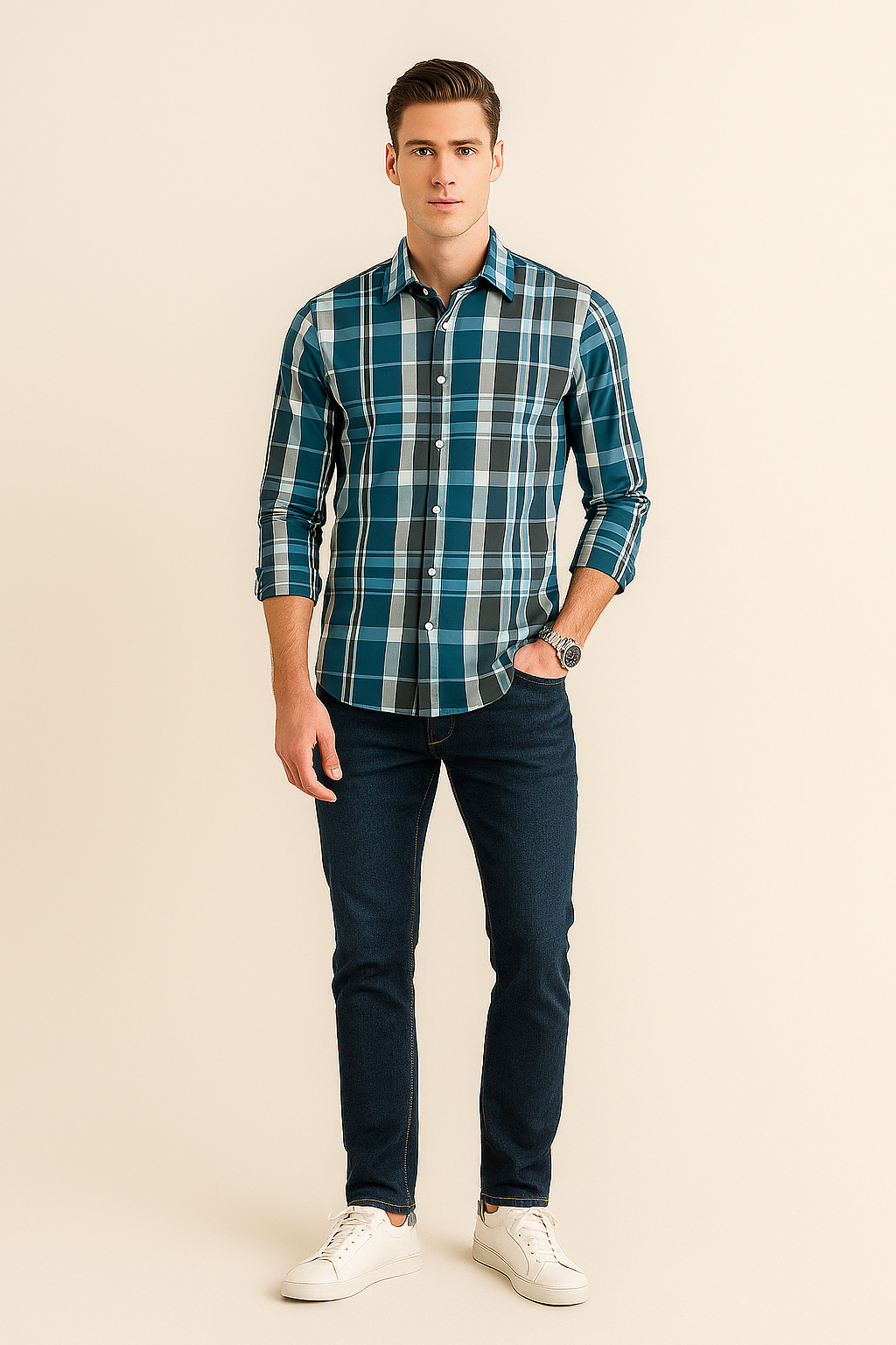 Camisas Para Hombre Manga Larga Bambú Cuadros B51336 Gris