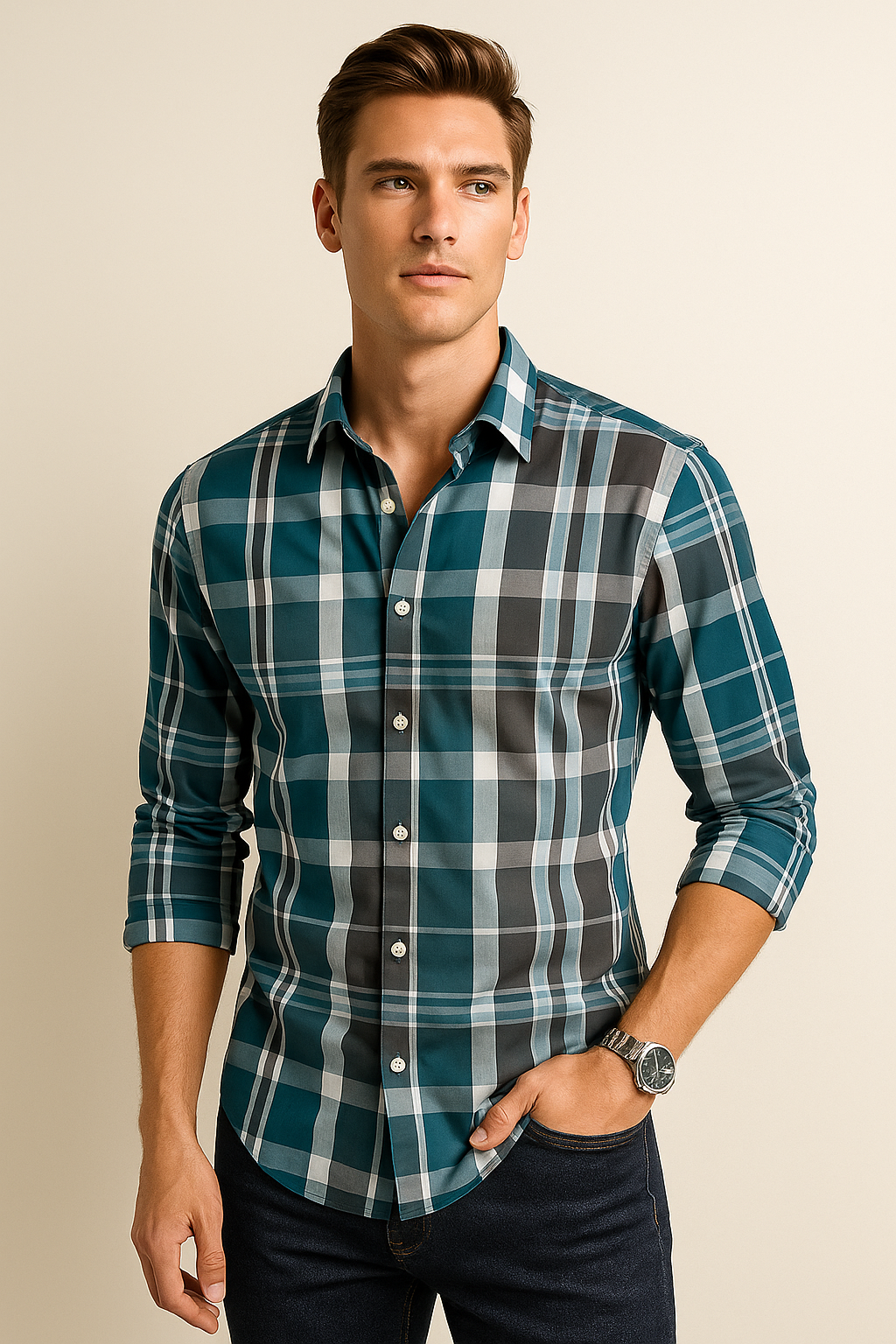 Camisas Para Hombre Manga Larga Bambú Cuadros B51336 Gris