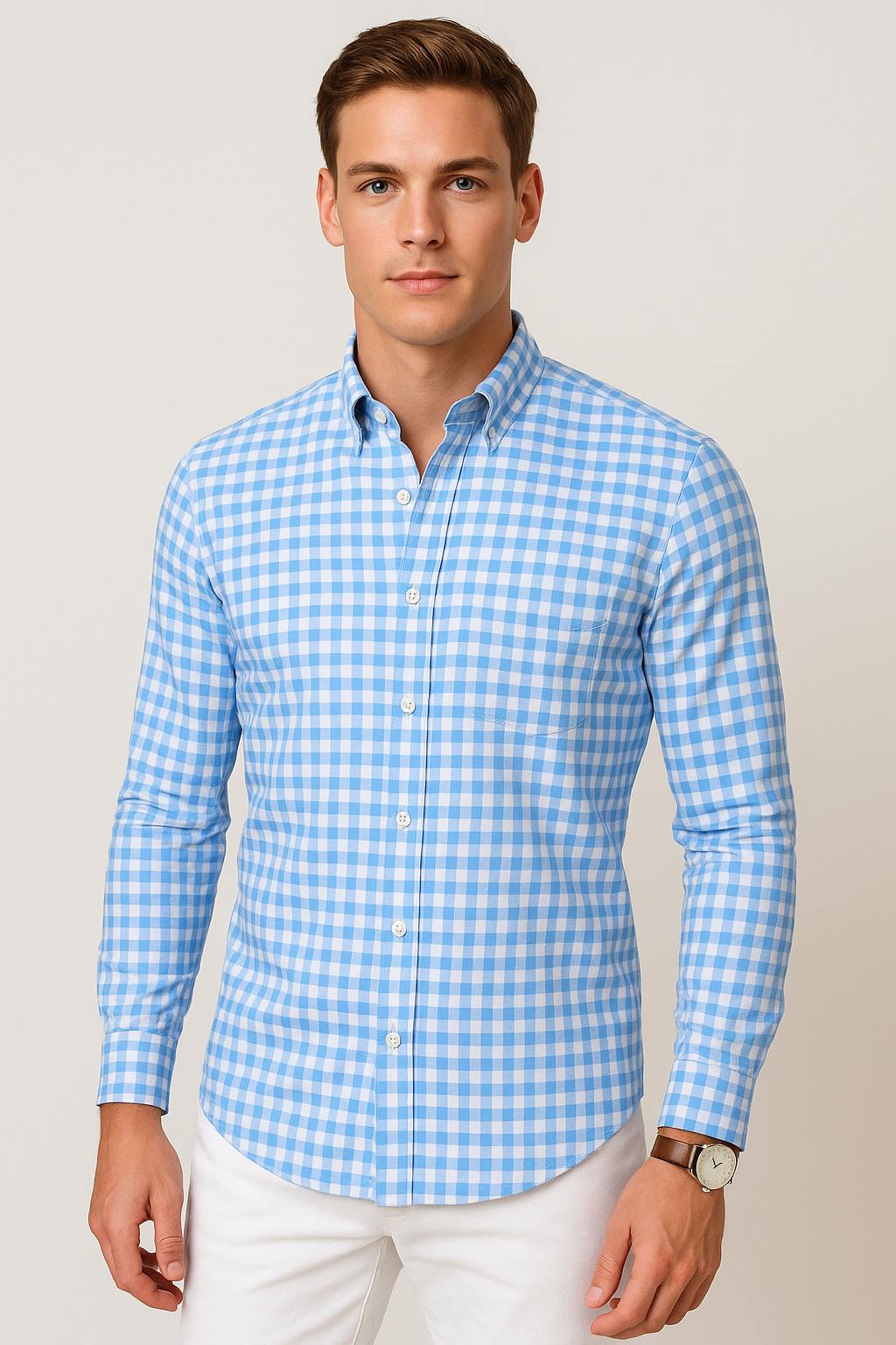 Camisas Para Hombre De Manga Larga Cuello Americano Con Estampado De Cuadros Slim Fit B41115 Cielo