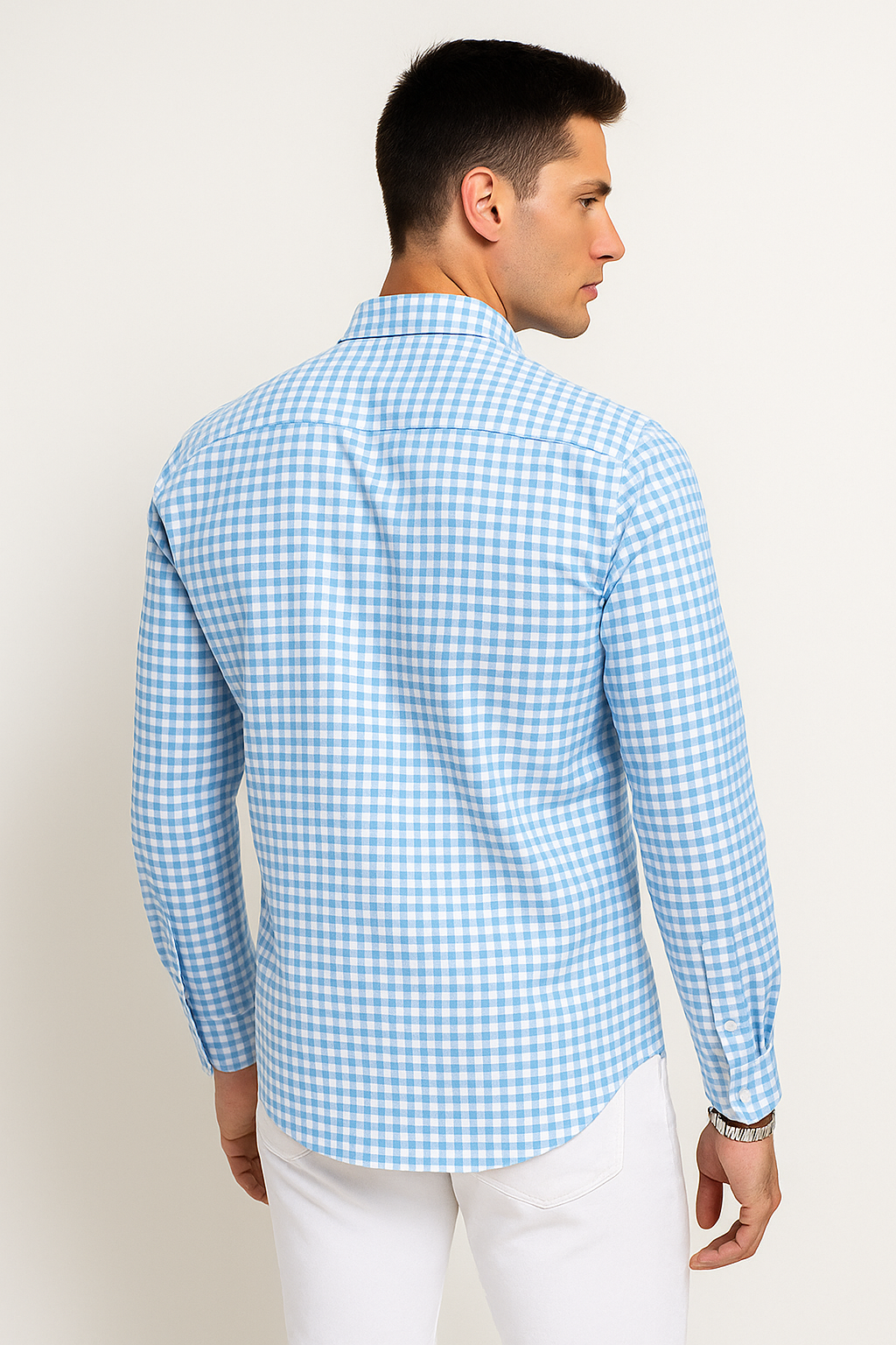 Camisas Para Hombre De Manga Larga Cuello Americano Con Estampado De Cuadros Slim Fit B41115 Cielo