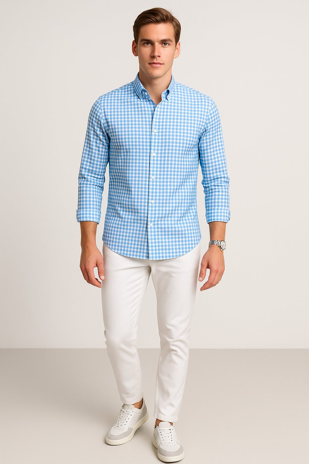 Camisas Para Hombre De Manga Larga Cuello Americano Con Estampado De Cuadros Slim Fit B41115 Cielo