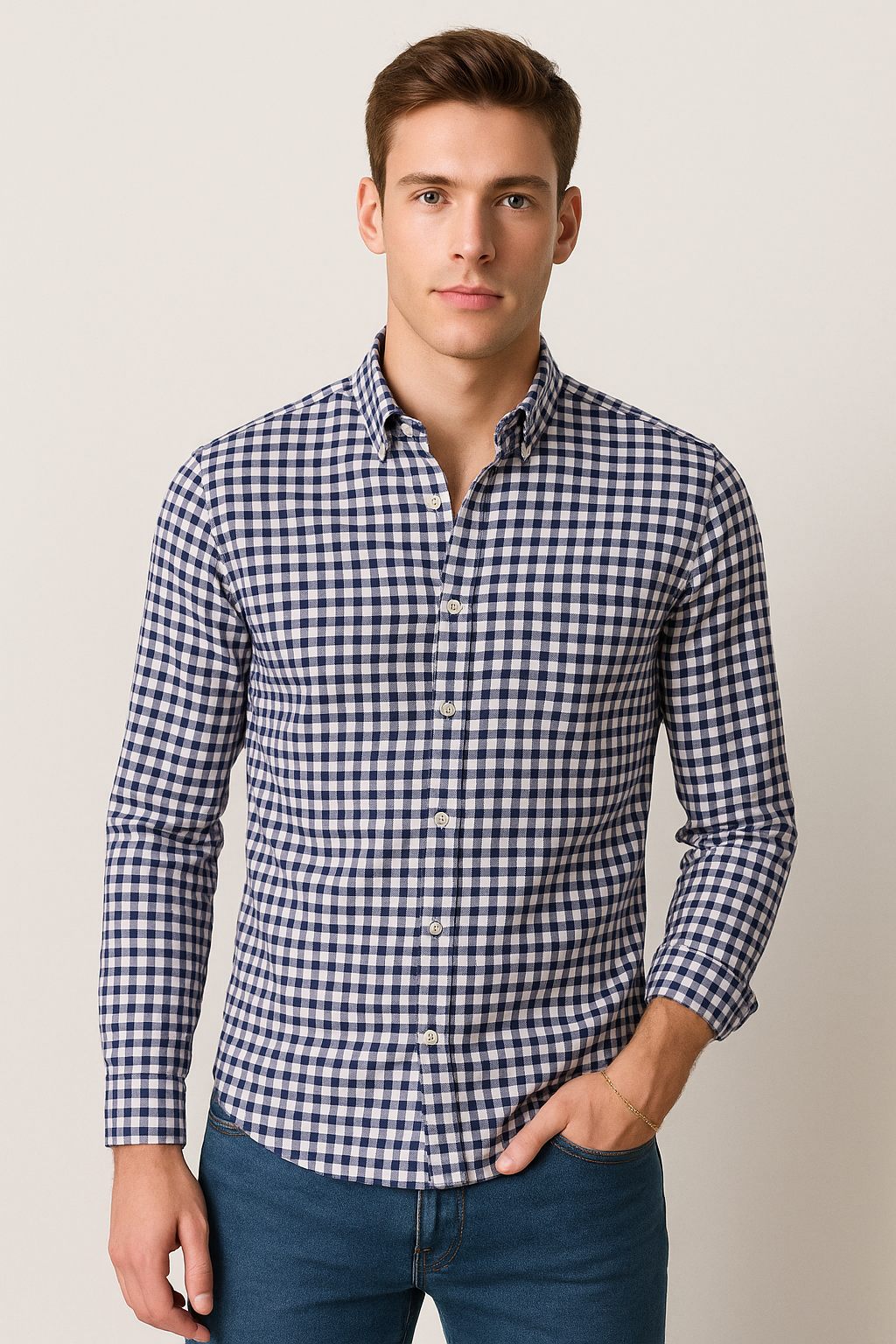 Camisas Para Hombre Estampado De Cuadros Slim Fit B41115 Marino