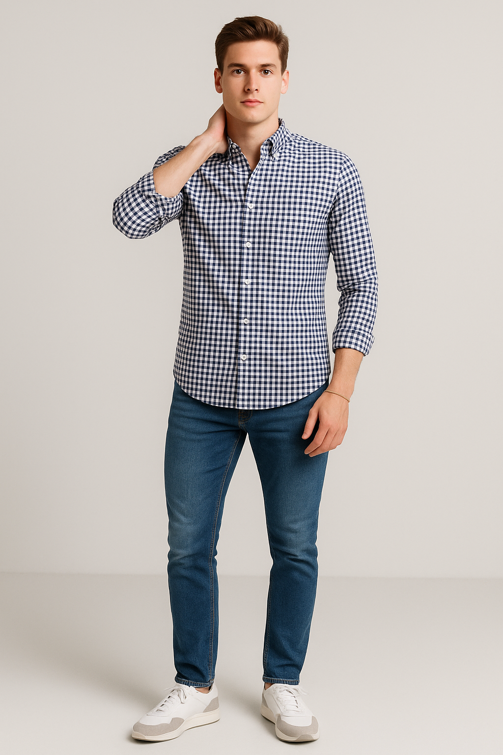 Camisas Para Hombre Estampado De Cuadros Slim Fit B41115 Marino