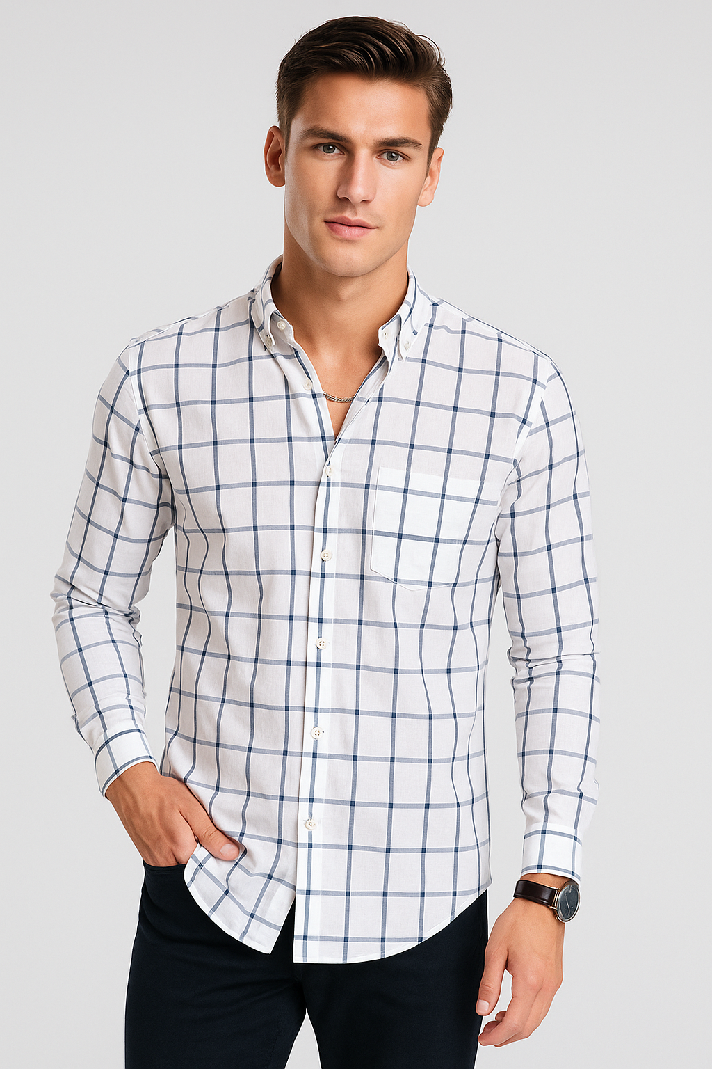 Camisas Para Hombre Manga Larga Cuadros B45206 Blanco