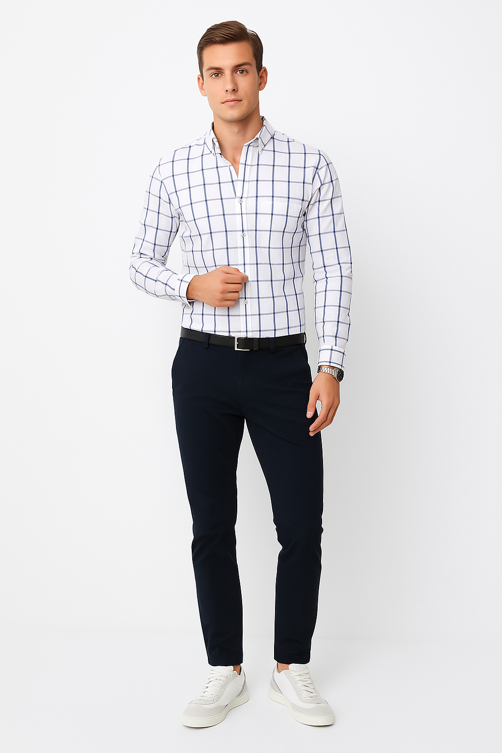 Camisas Para Hombre Manga Larga Cuadros B45206 Blanco