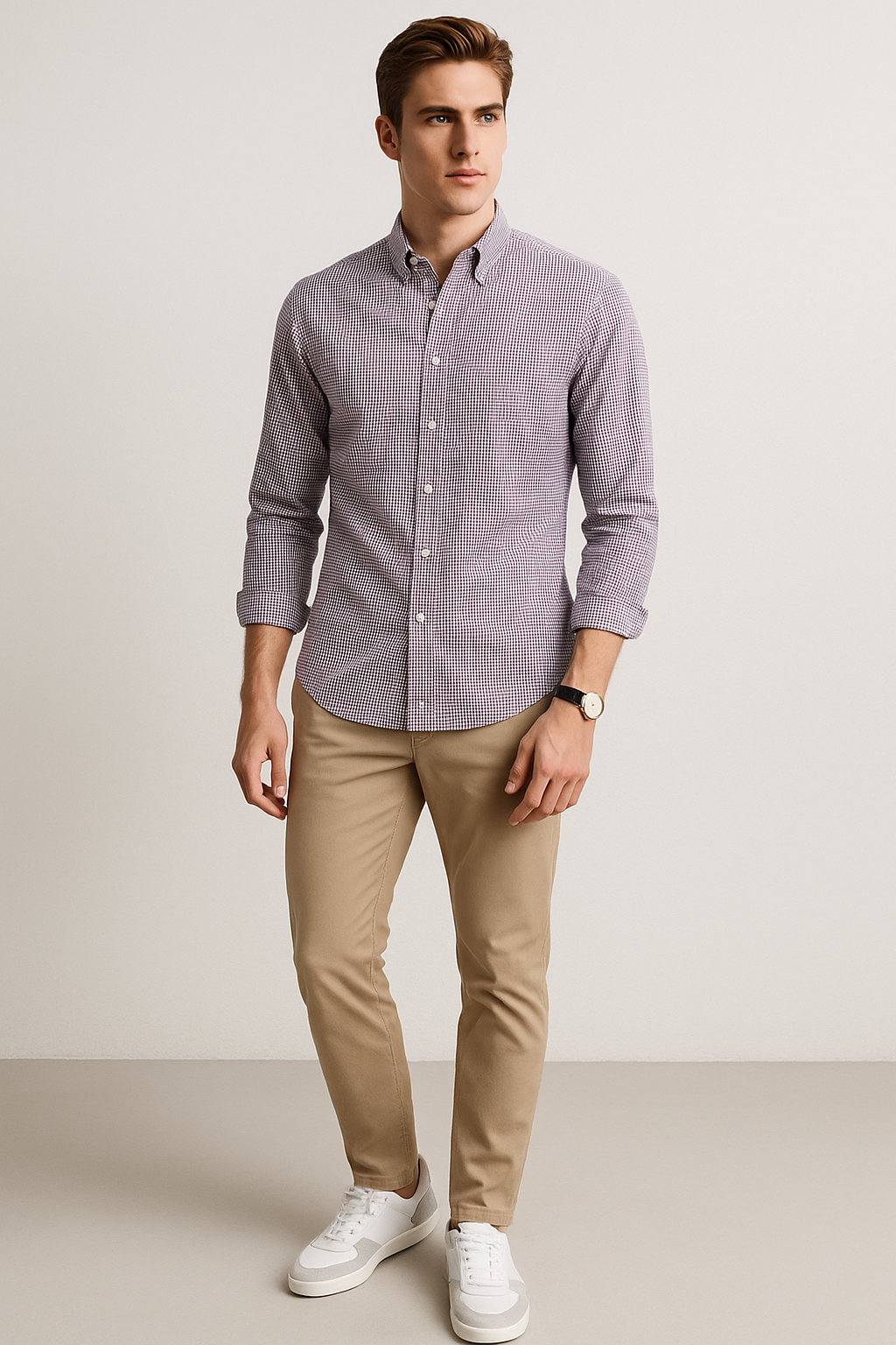 Camisas Para Hombre Manga Larga Micro Cuadros B45212 Vino