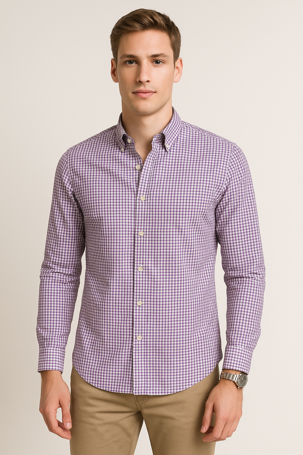 Camisas Para Hombre Manga Larga Micro Cuadros B45212 Vino