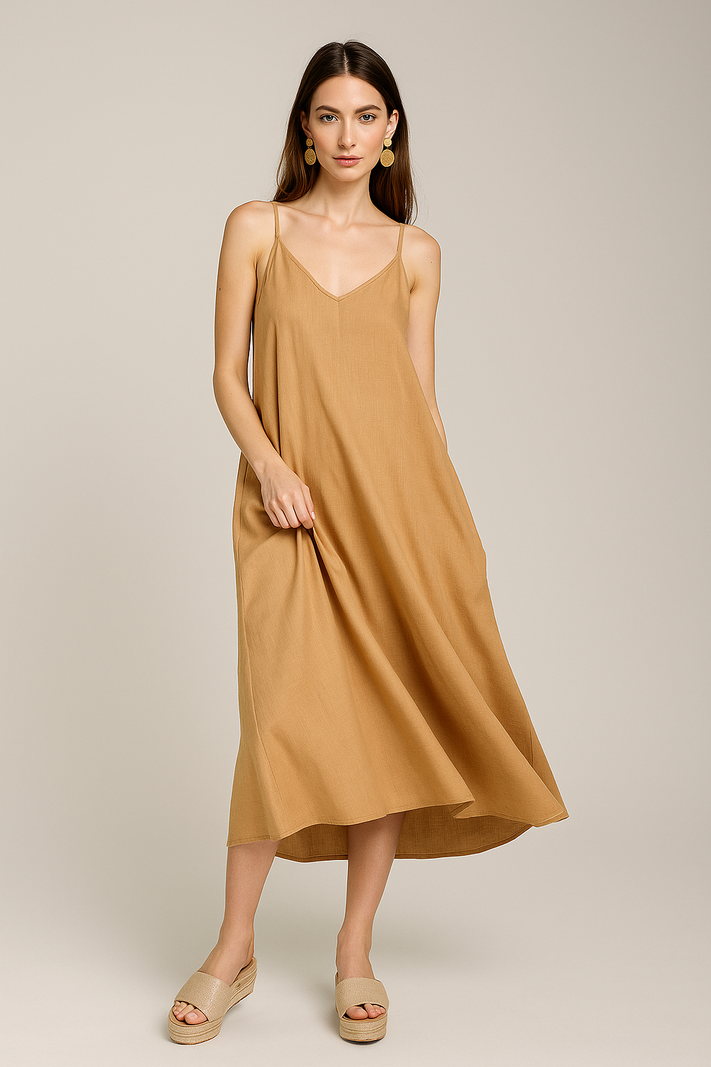 Vestidos Para Mujer Largo Amplio De Tirantes S51120 Camel