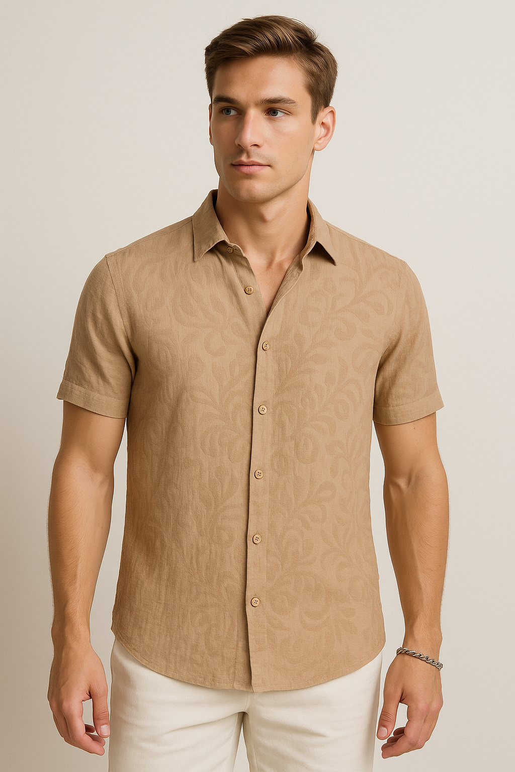 Camisas Para Hombre Tipo Lino Jacquard B51374 Kaki