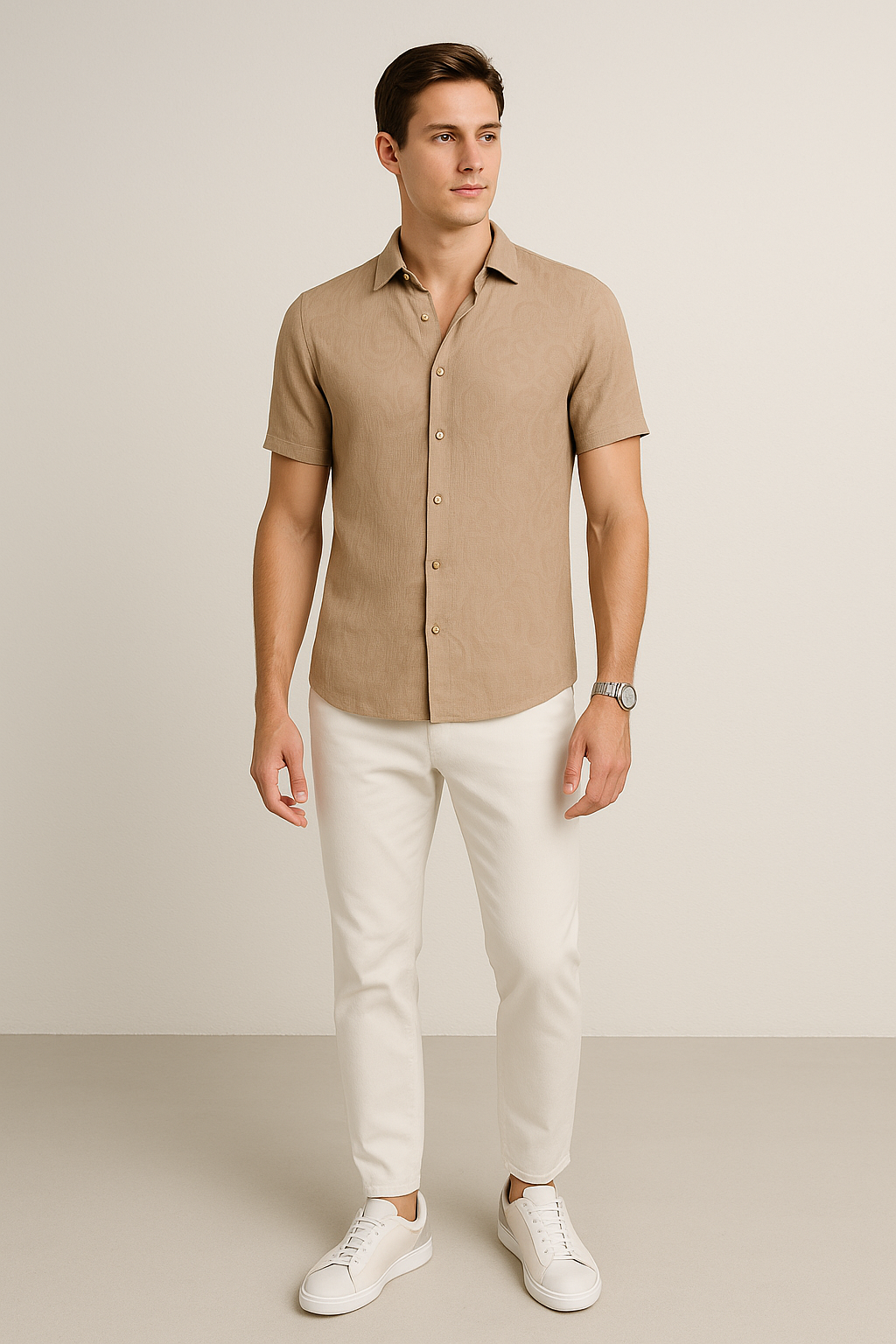 Camisas Para Hombre Tipo Lino Jacquard B51374 Kaki