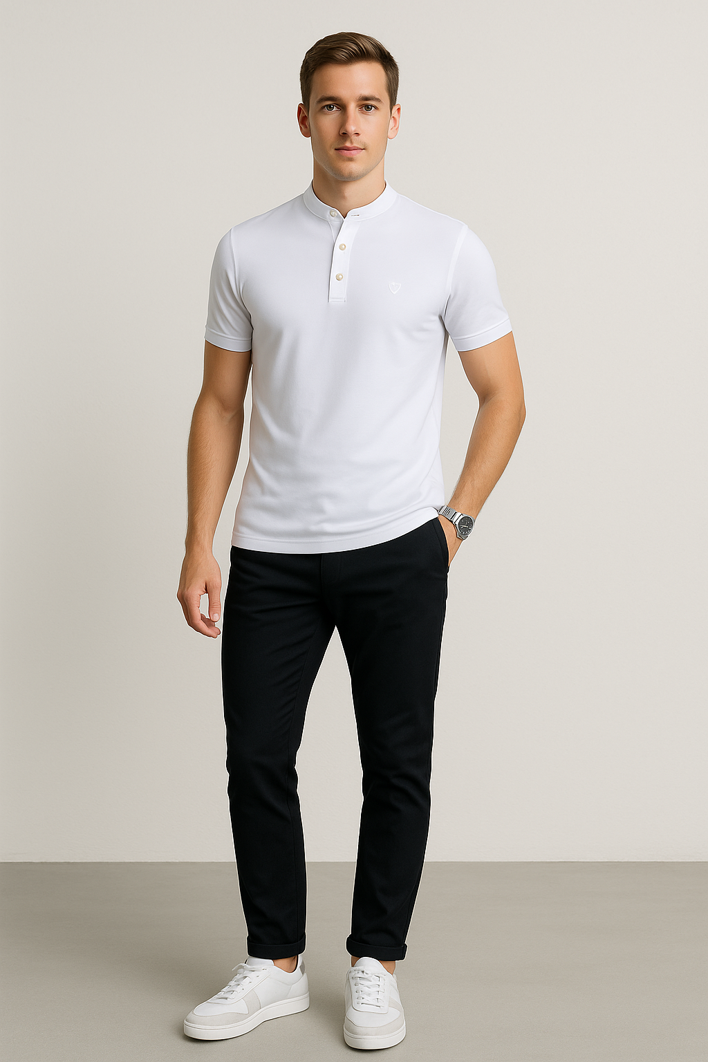 Playeras Polo Para Hombre De Manga Corta Lisa Basica Con Logo Bordado Cuello Mao Slim Fit APCMAB Blanco