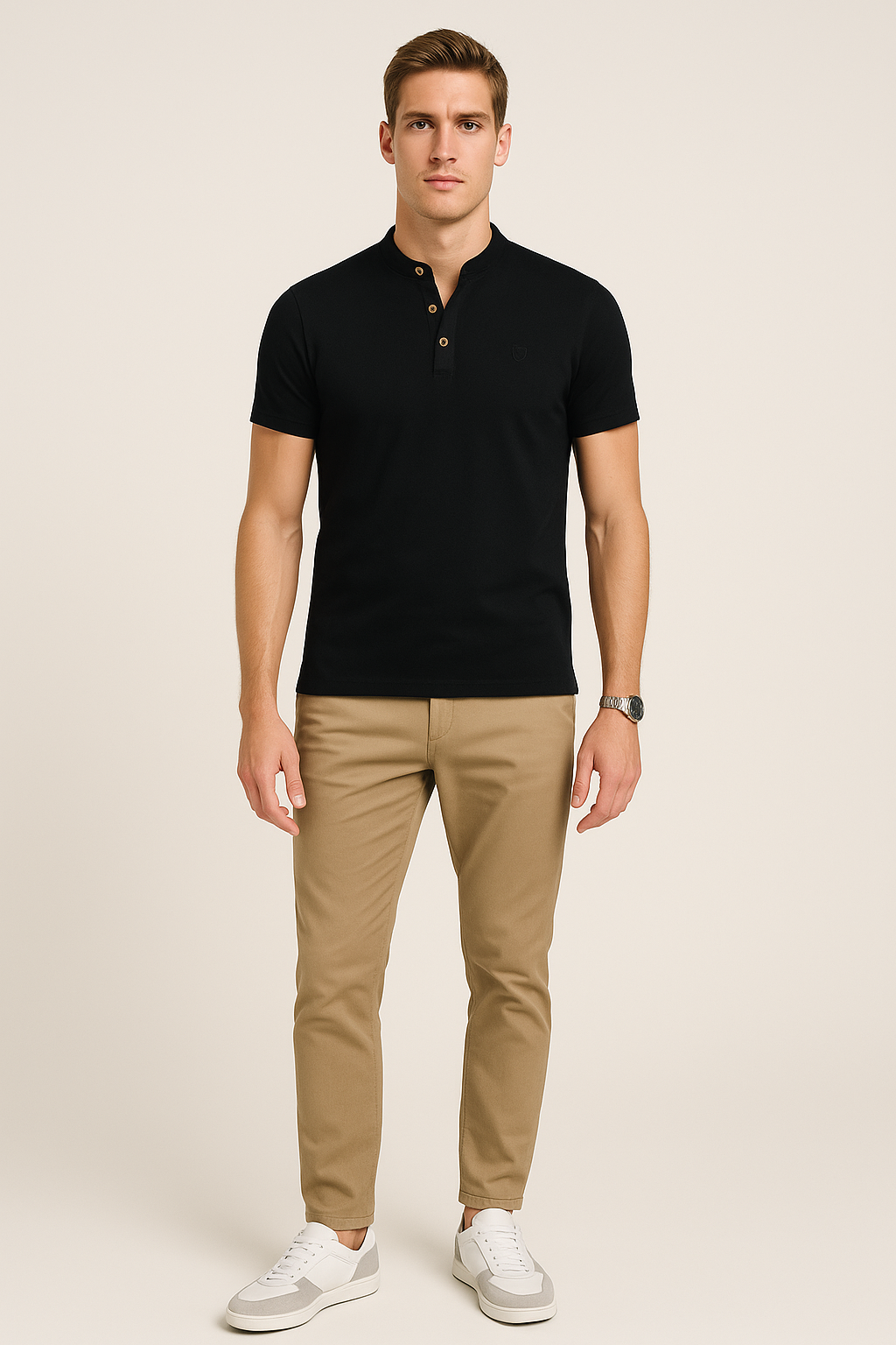 Playeras Polo Para Hombre De Manga Corta Lisa Basica Con Logo Bordado Cuello Mao Slim Fit APCMAB Negro