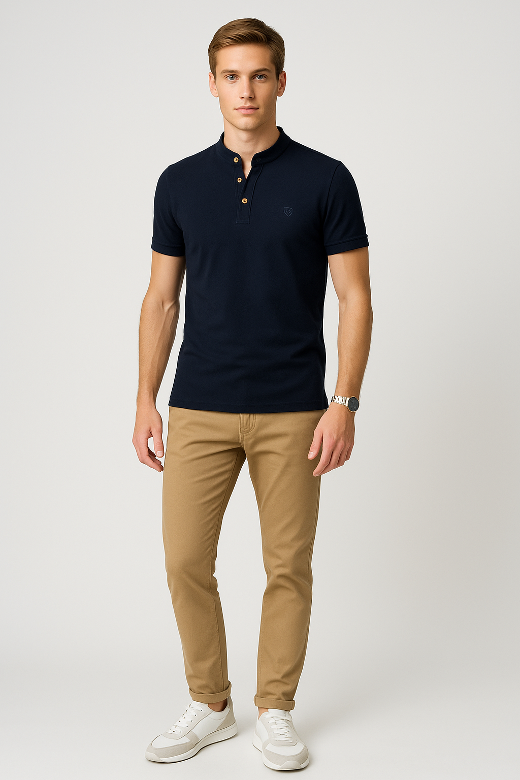 Playeras Polo Para Hombre De Manga Corta Lisa Basica Con Logo Bordado Cuello Mao Slim Fit APCMAB Marino