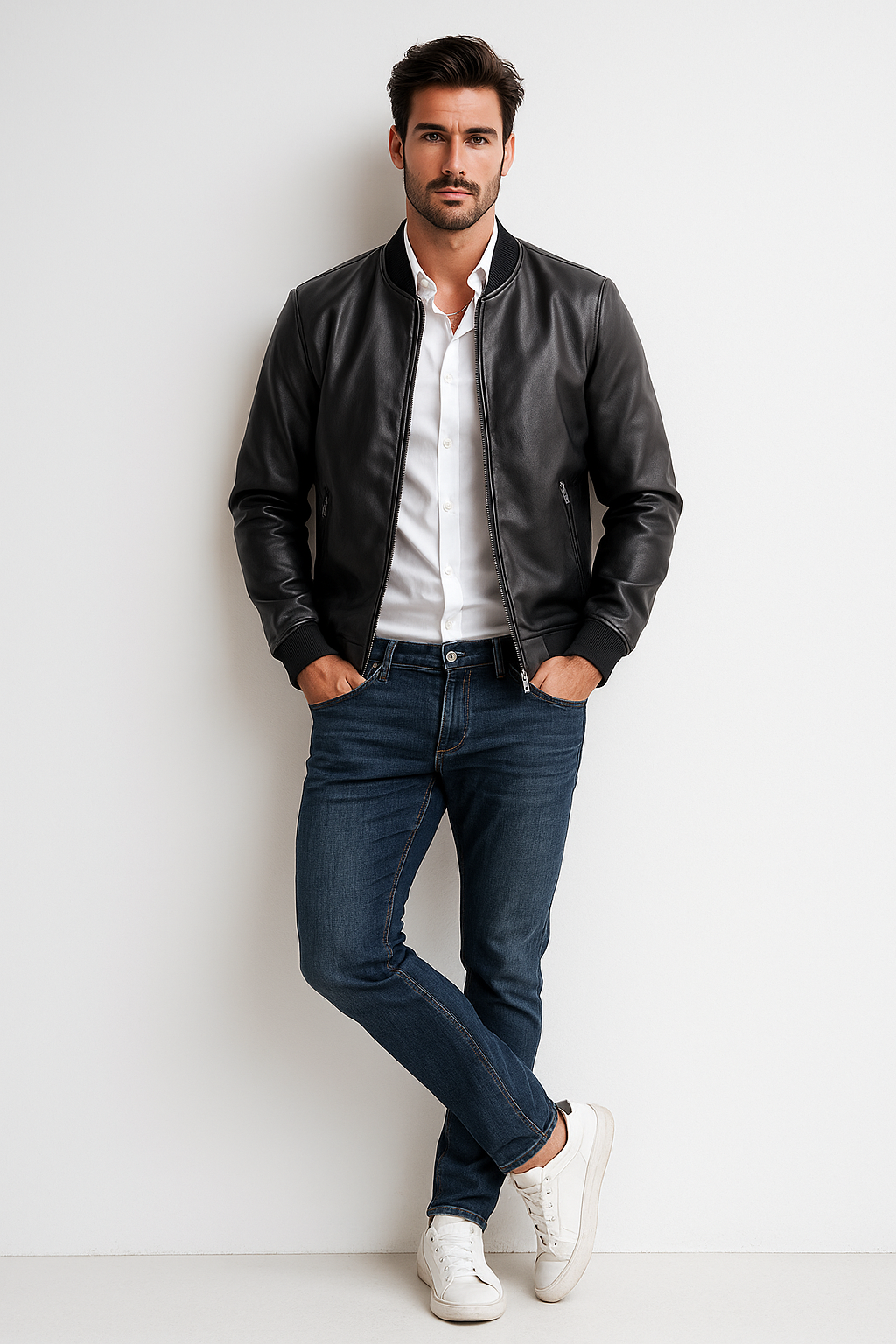 Chamarras Para Hombre Bomber Tipo Piel Cierre Frontal D45306 Negro